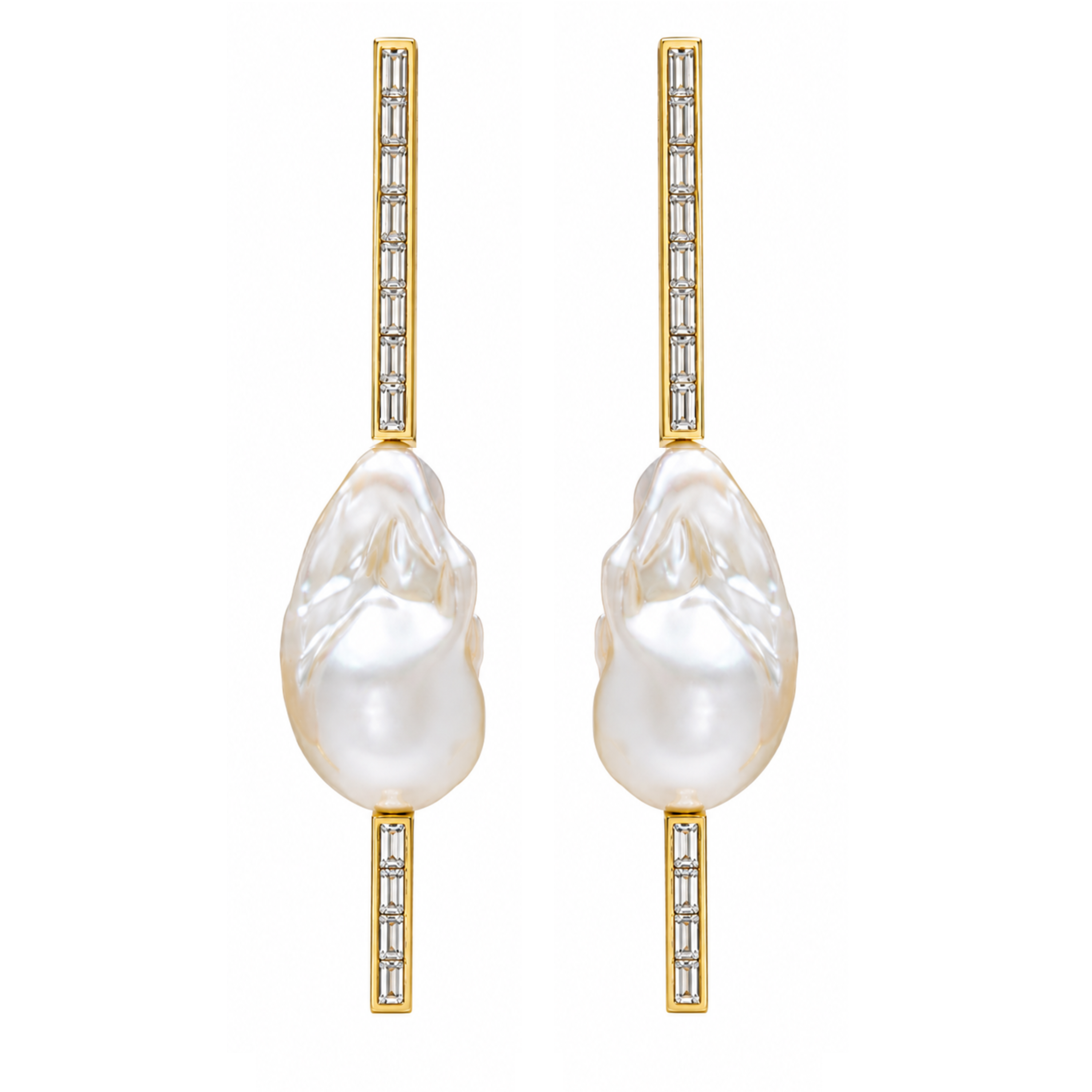 Ti Earrings with South Sea Baroque Pearl, 18K Yellow Gold and Baguette Diamonds