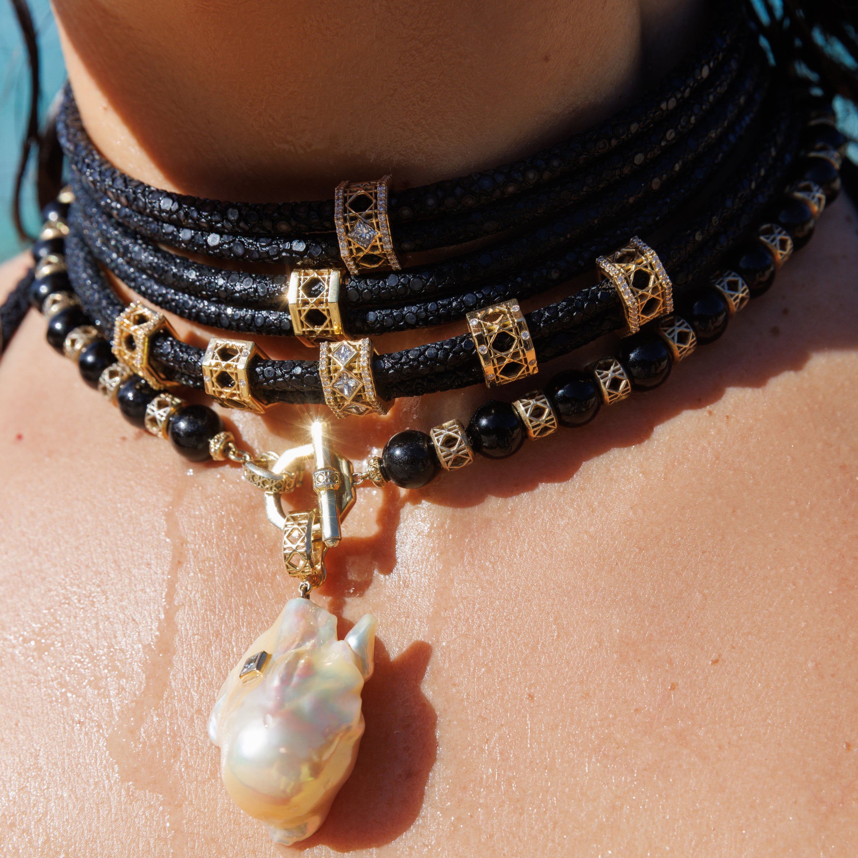 Doudou Abyss Multi-Bead Choker, 18K Yellow Gold, Pavé, Princess Cut and Ti Diamonds on Stingray Leather