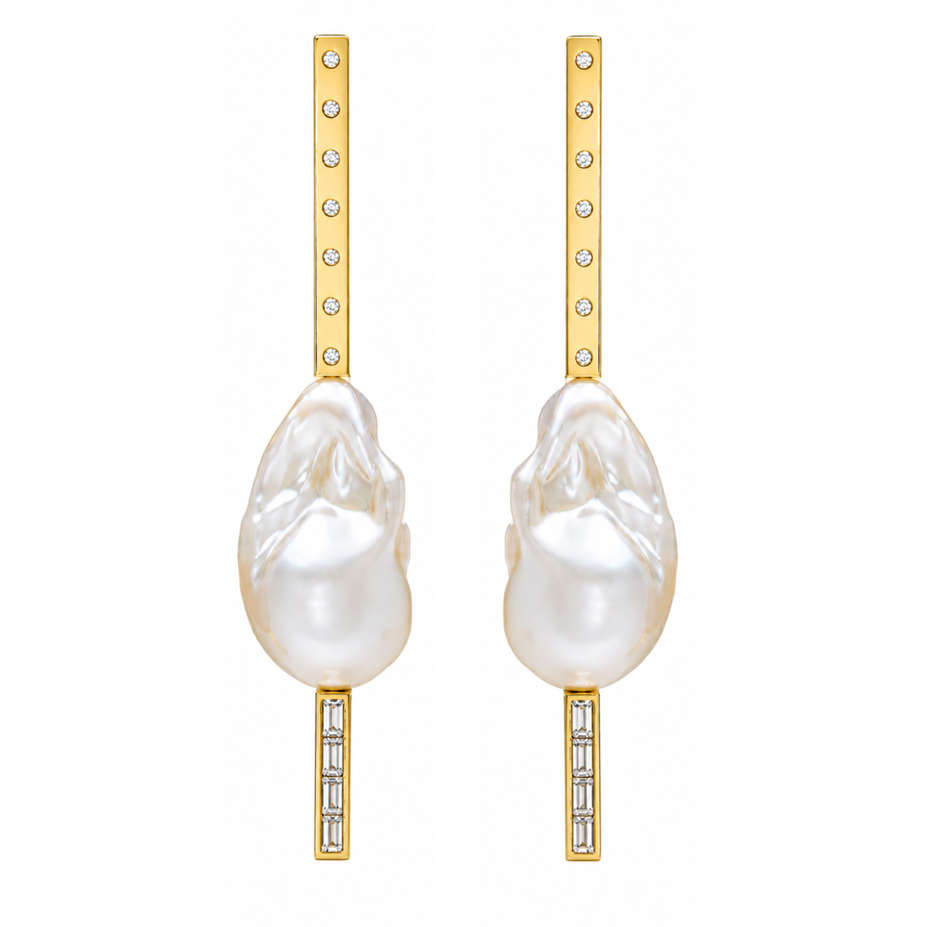 Ti Earrings with South Sea Baroque Pearl, 18K Yellow Gold, Ti Diamonds and Baguette tips