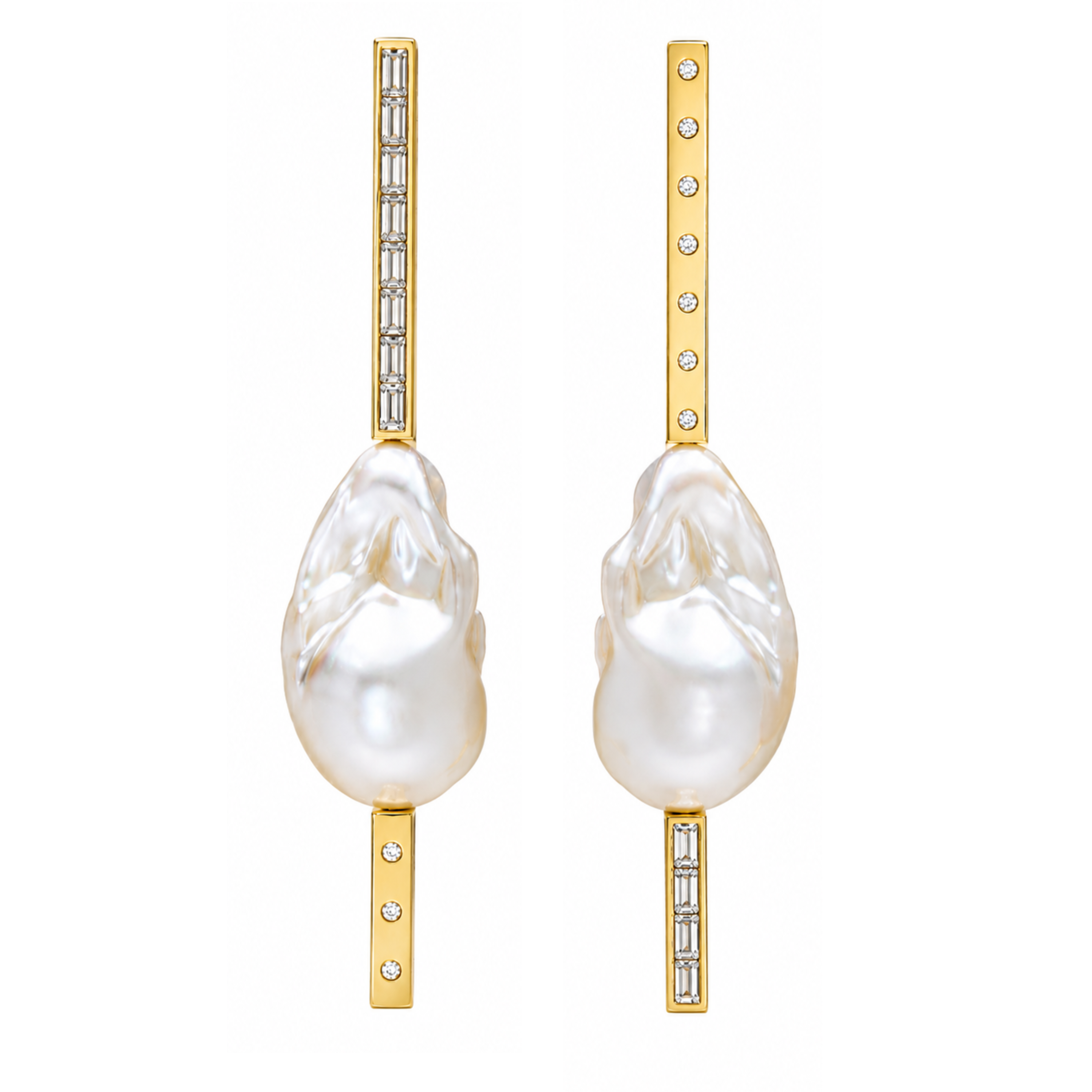 Ti Earrings with South Sea Baroque Pearl, 18K Yellow Gold, Baguette and Ti Diamonds, mismatched,