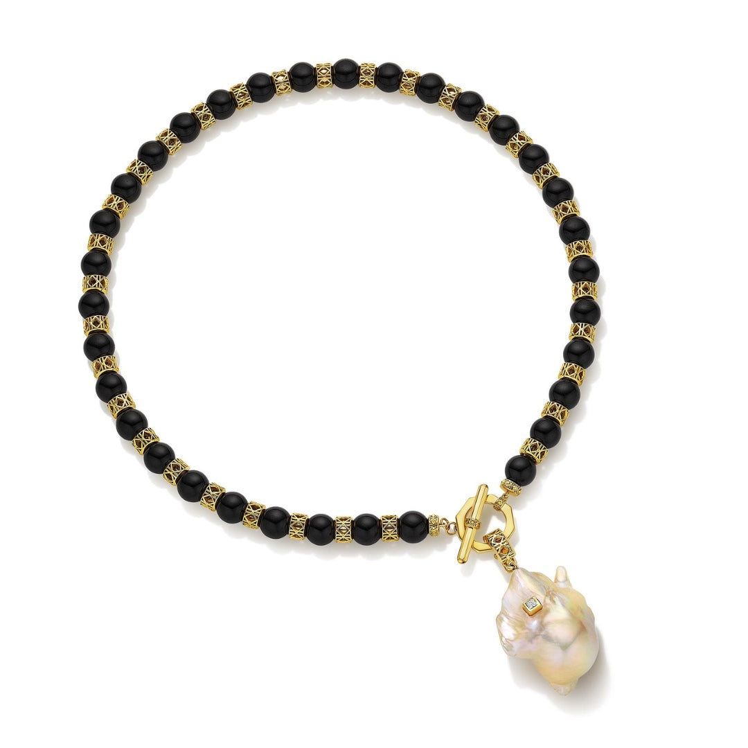 DouDou Abyss South Sea Baroque Pearl Amulet, 18K Yellow Gold and Princess Cut Diamond on Foyal Woven Chain