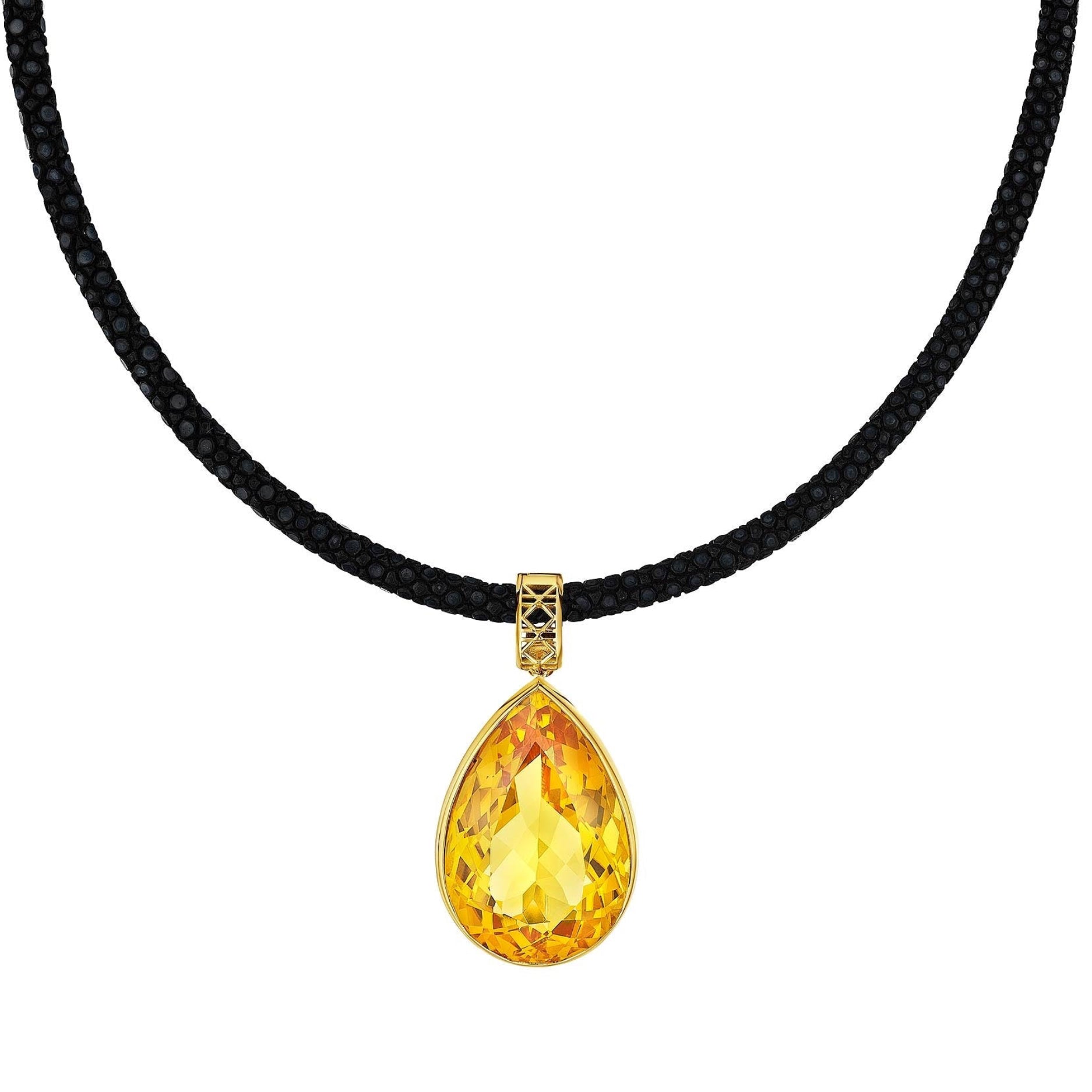 Maxi Dlo Pear Shape pendant, 18K Yellow Gold and Citrine on Stingray leather cord