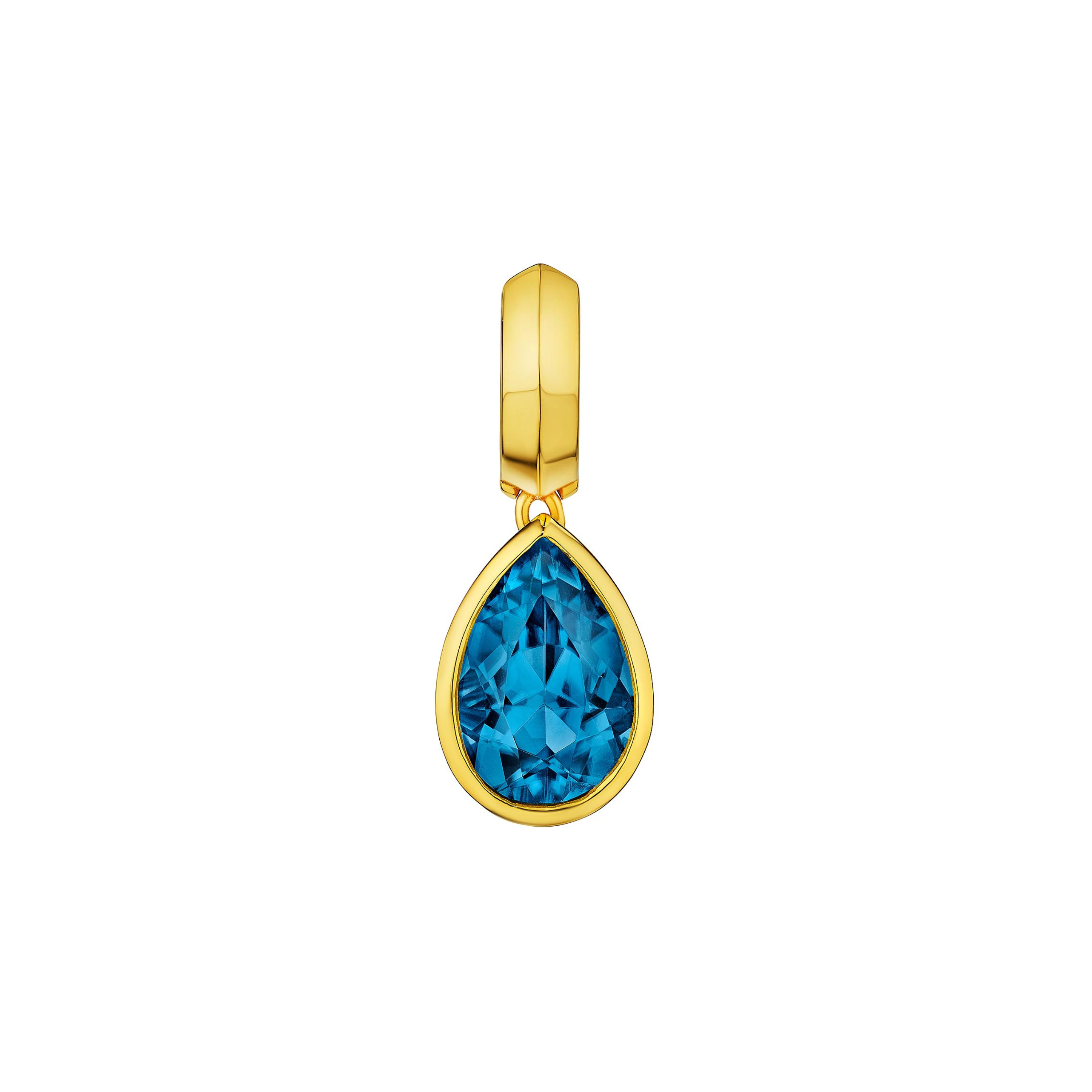 MoAnA LUU Dlo pear-shaped london blue topaz earring in 18K yellow gold, featuring a cane-woven frame inspired by traditional Caribbean fish traps, reflecting the house’s vision of Creole-inspired fine jewelry crafted in New York.