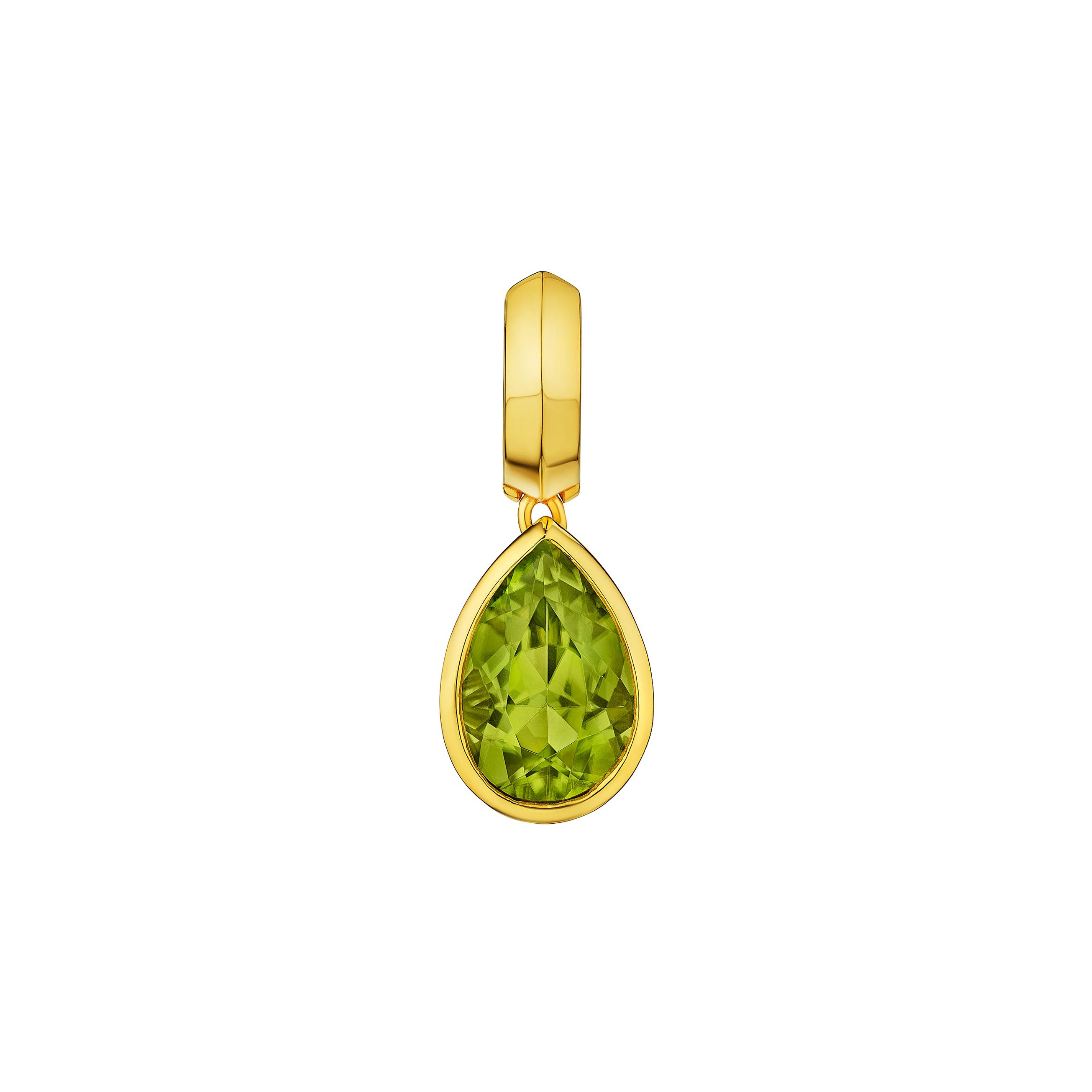 MoAnA LUU Dlo pear-shaped peridot earring in 18K yellow gold, featuring a cane-woven frame inspired by traditional Caribbean fish traps, reflecting the house’s vision of Creole-inspired fine jewelry crafted in New York.