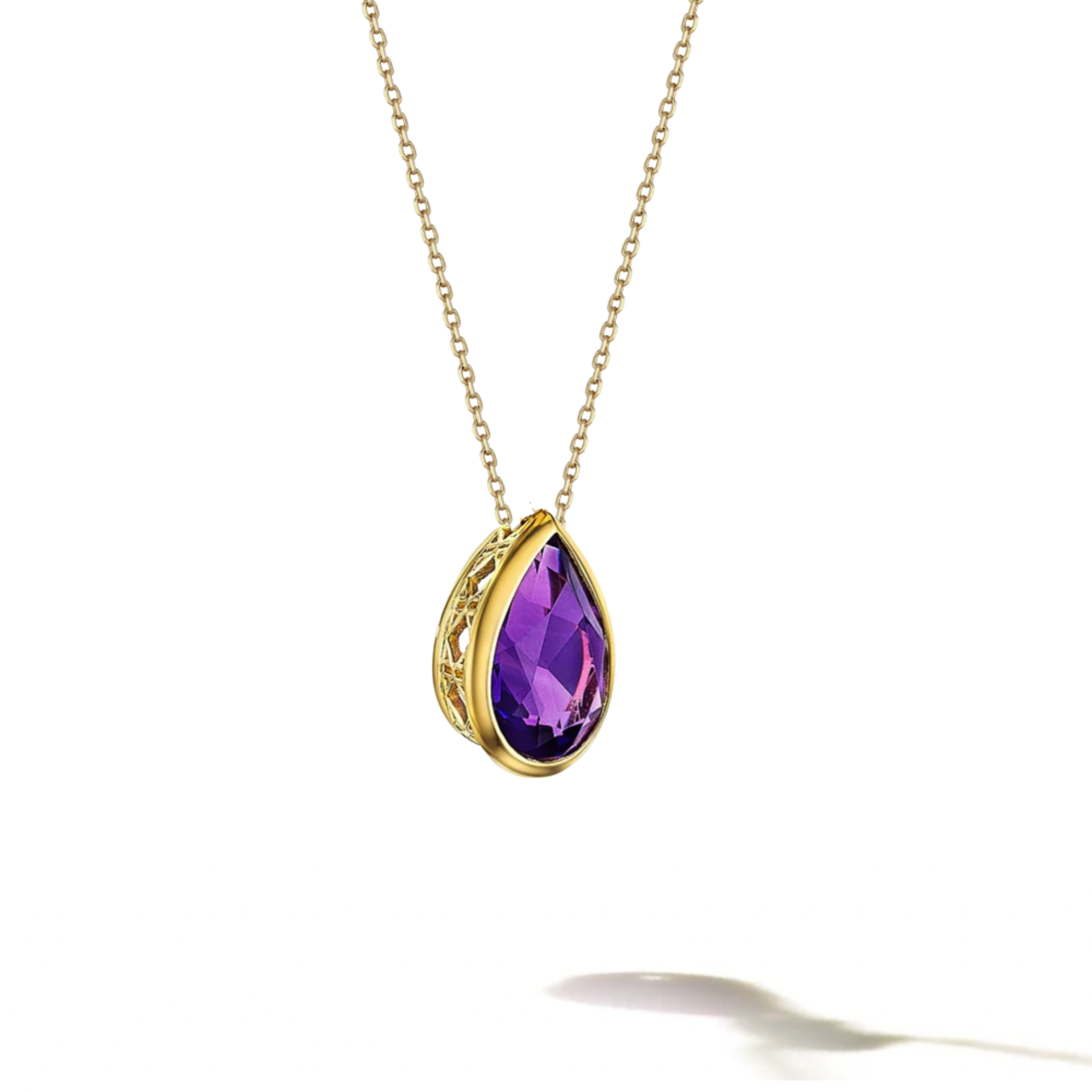 MoAnA LUU Dlo pear-shaped amethyst pendant necklace in 18K yellow gold, featuring a cane-woven frame inspired by traditional Caribbean fish traps, reflecting the house’s vision of Creole-inspired fine jewelry crafted in New York.