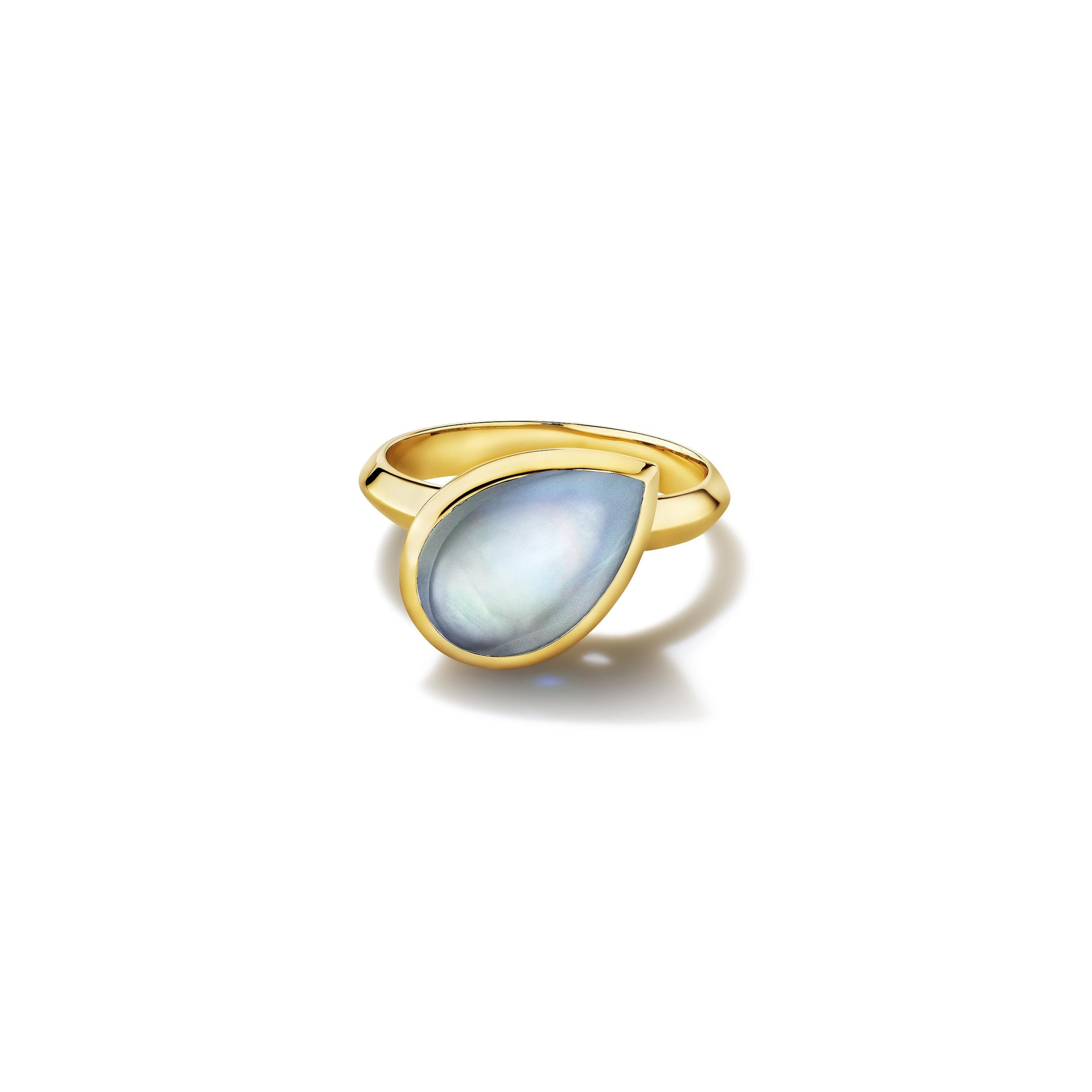 MoAnA LUU Dlo pear-shaped moonstone ring in 18K yellow gold, featuring a cane-woven frame inspired by traditional Caribbean fish traps, reflecting the house’s vision of Creole-inspired fine jewelry crafted in New York.