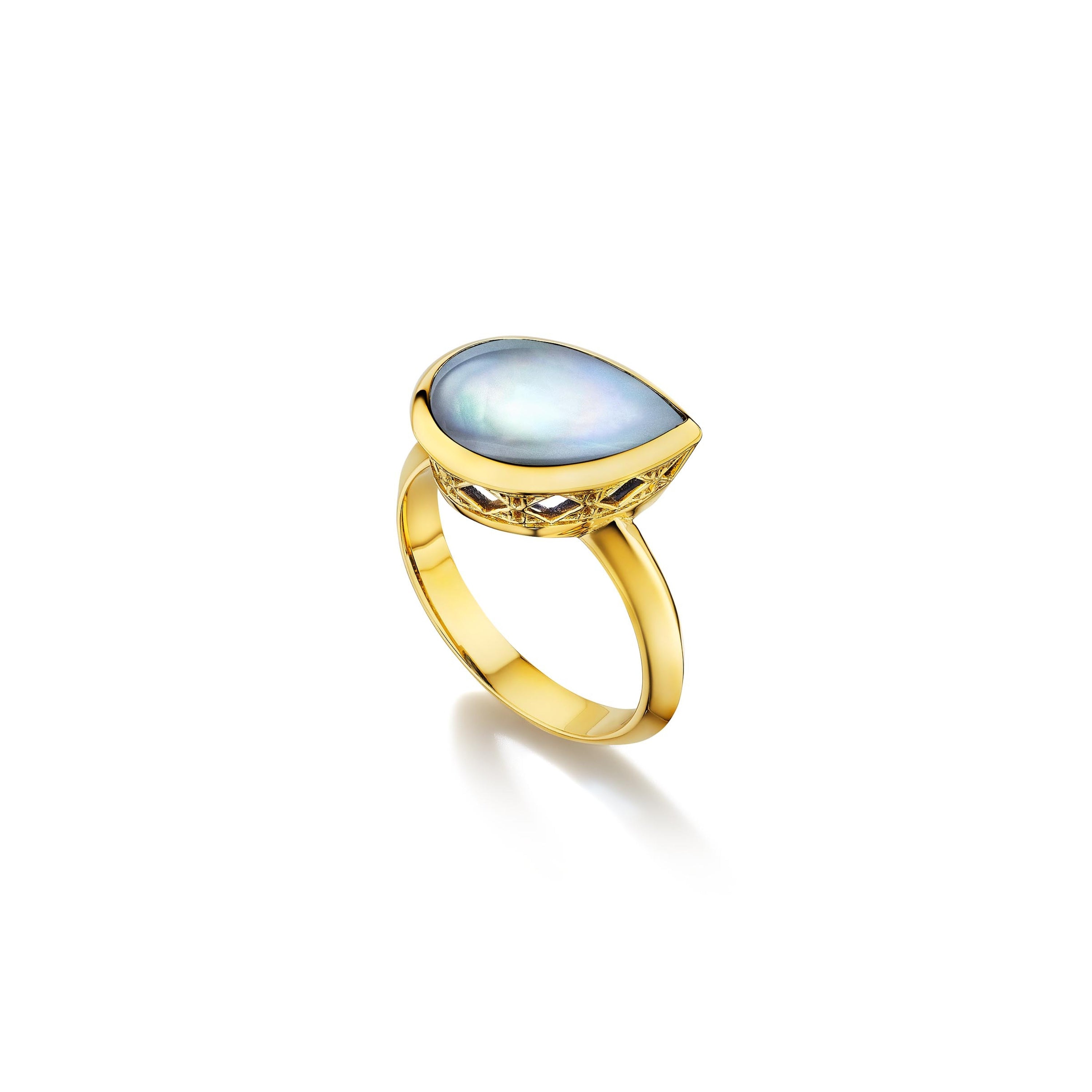 MoAnA LUU Dlo pear-shaped moonstone ring in 18K yellow gold, featuring a cane-woven frame inspired by traditional Caribbean fish traps, reflecting the house’s vision of Creole-inspired fine jewelry crafted in New York.