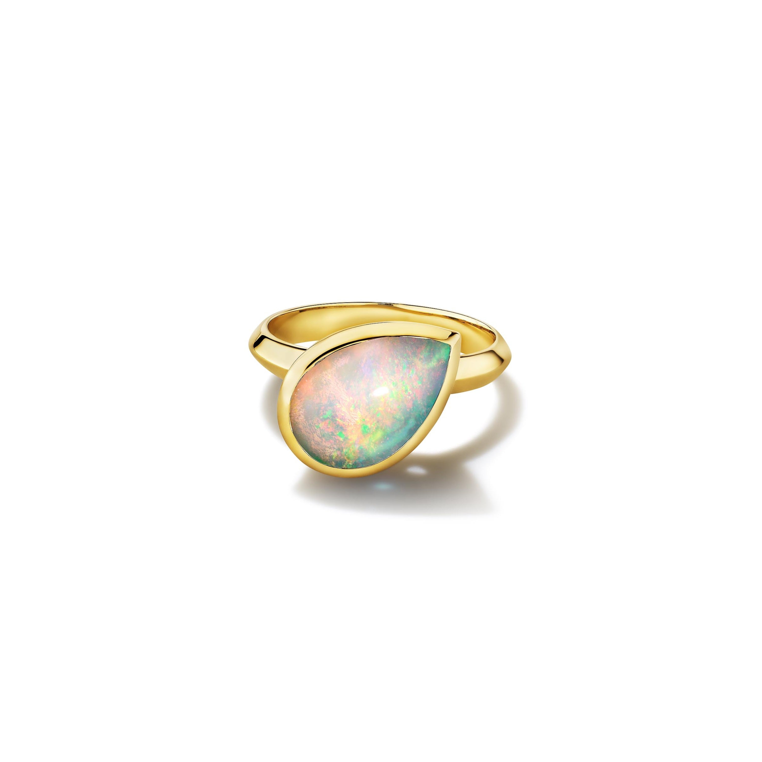 MoAnA LUU Dlo pear-shaped opal ring in 18K yellow gold, featuring a cane-woven frame inspired by traditional Caribbean fish traps, reflecting the house’s vision of Creole-inspired fine jewelry crafted in New York.