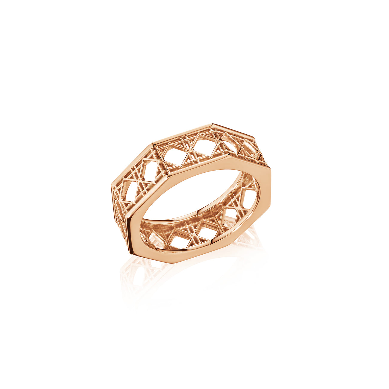 MoAnA LUU Doudou band ring in 18K rose gold, featuring an intricate woven openwork design inspired by Caribbean fish traps.