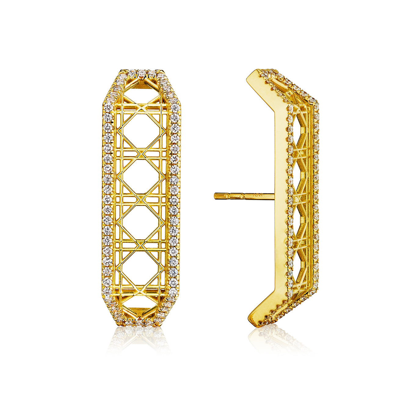 MoAnA LUU Doudou elongated cuff earrings in 18K yellow gold, featuring pavé diamonds set in a geometric openwork design inspired by Caribbean fish traps.