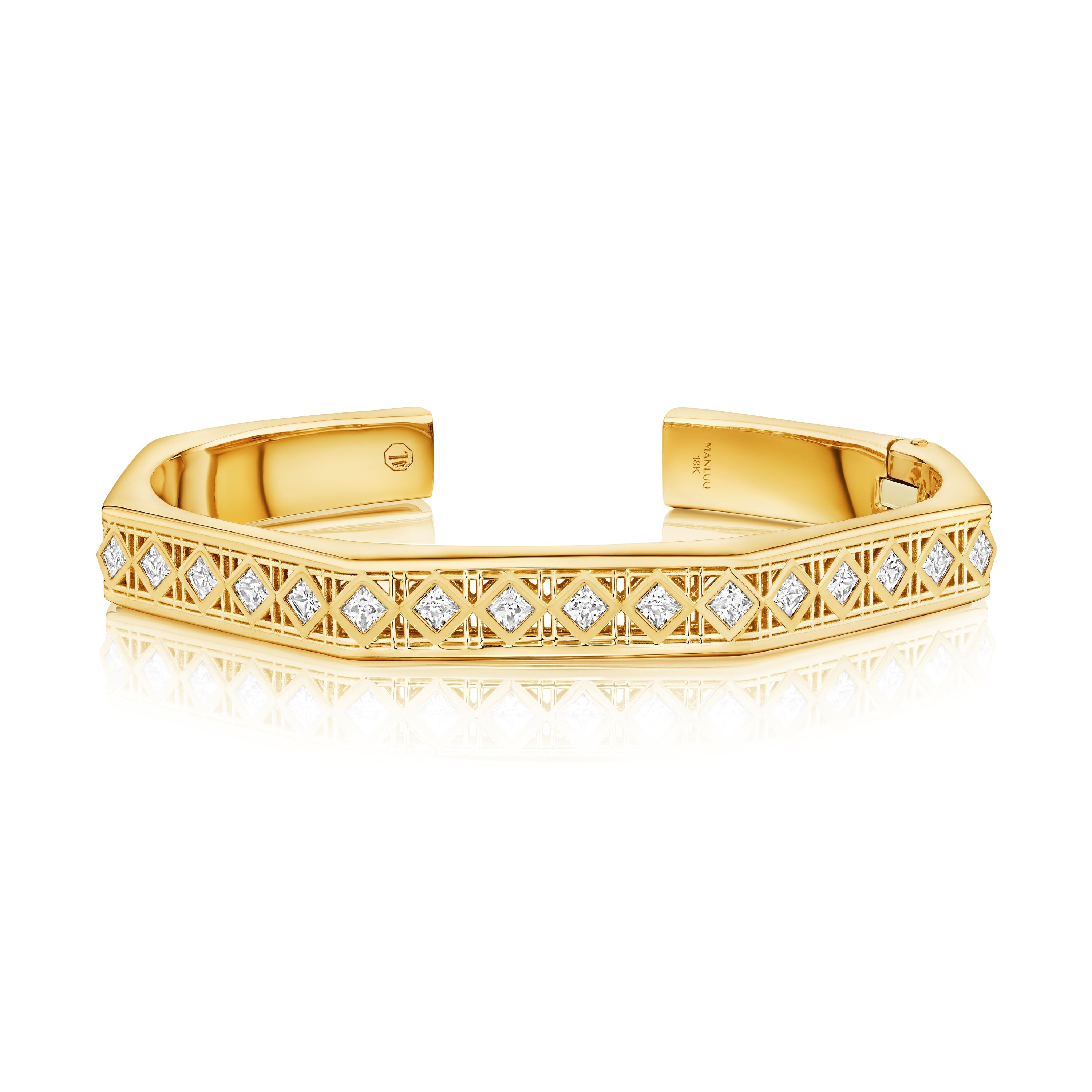 MoAnA LUU Doudou hinged bracelet in 18K yellow gold and princess cut diamonds featuring a cane-woven work inspired by traditional Caribbean fish traps, reflecting the house’s vision of Creole-inspired fine jewelry crafted in New York.