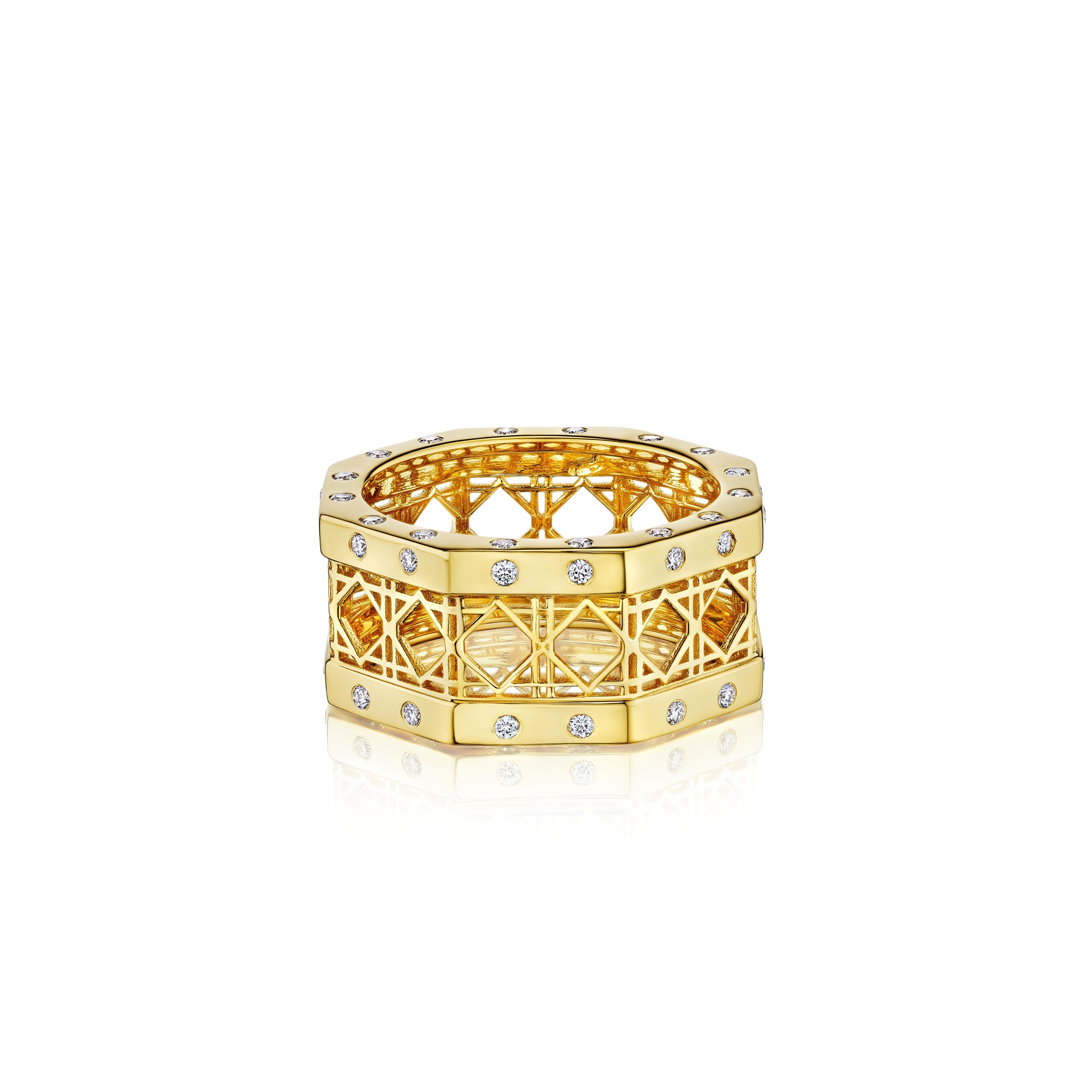 MoAnA LUU Doudou wide band ring in 18K yellow gold, featuring burnished diamonds in an intricate woven openwork design inspired by Caribbean fish traps.