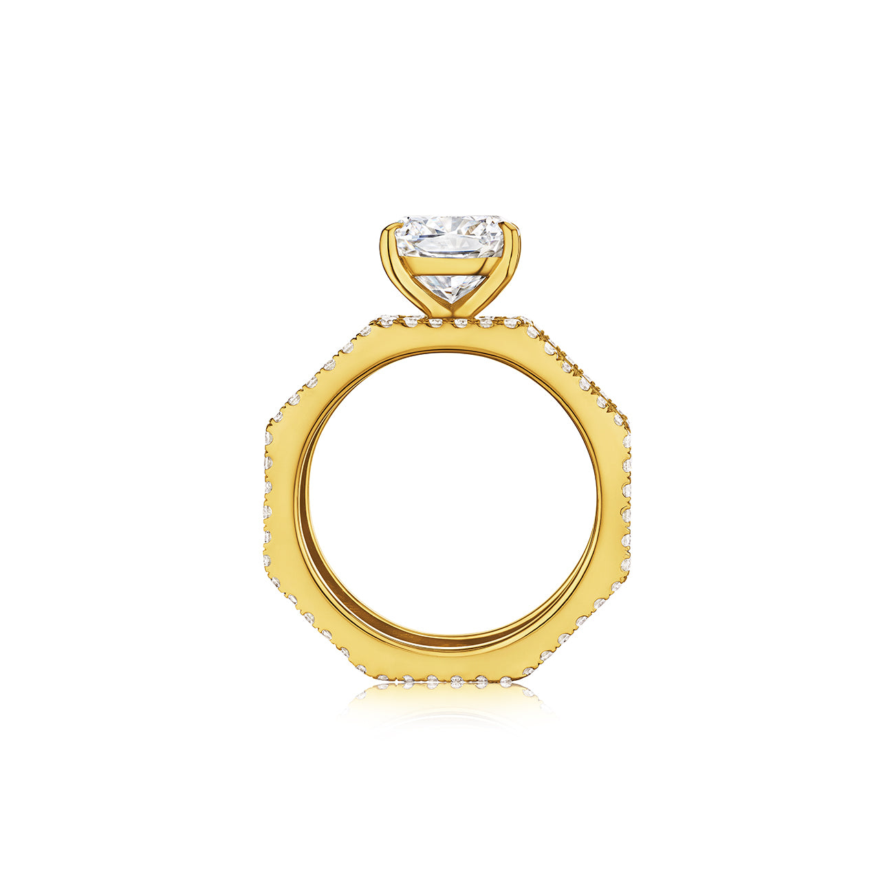 MoAnA LUU Doudou wide engagement ring in 18K yellow gold, pavé diamonds and cushion cut solitaire, featuring cane-woven work inspired by traditional Caribbean fish traps, reflecting the house’s vision of Creole-inspired fine jewelry crafted in New York.