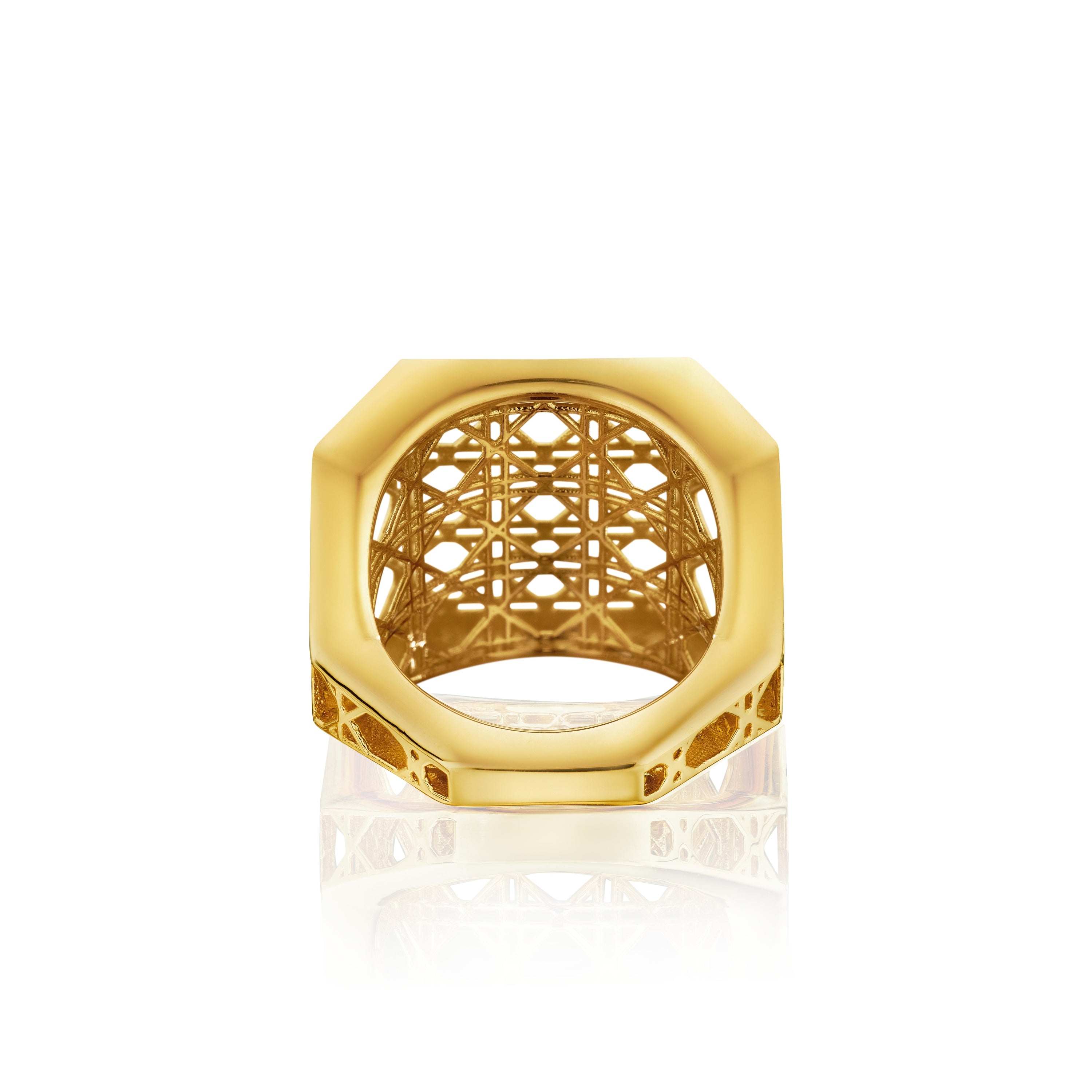 MoAnA LUU Doudou wide ring in 18K yellow gold, featuring a sculptural geometric form with openwork cane-woven interior inspired by Caribbean fish traps.