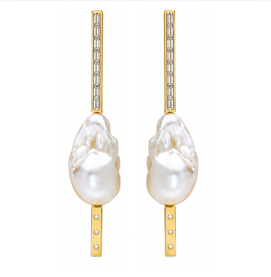 Ti Earrings with South Sea Baroque Pearl, 18K Yellow Gold and Baguette and Ti Diamonds tips