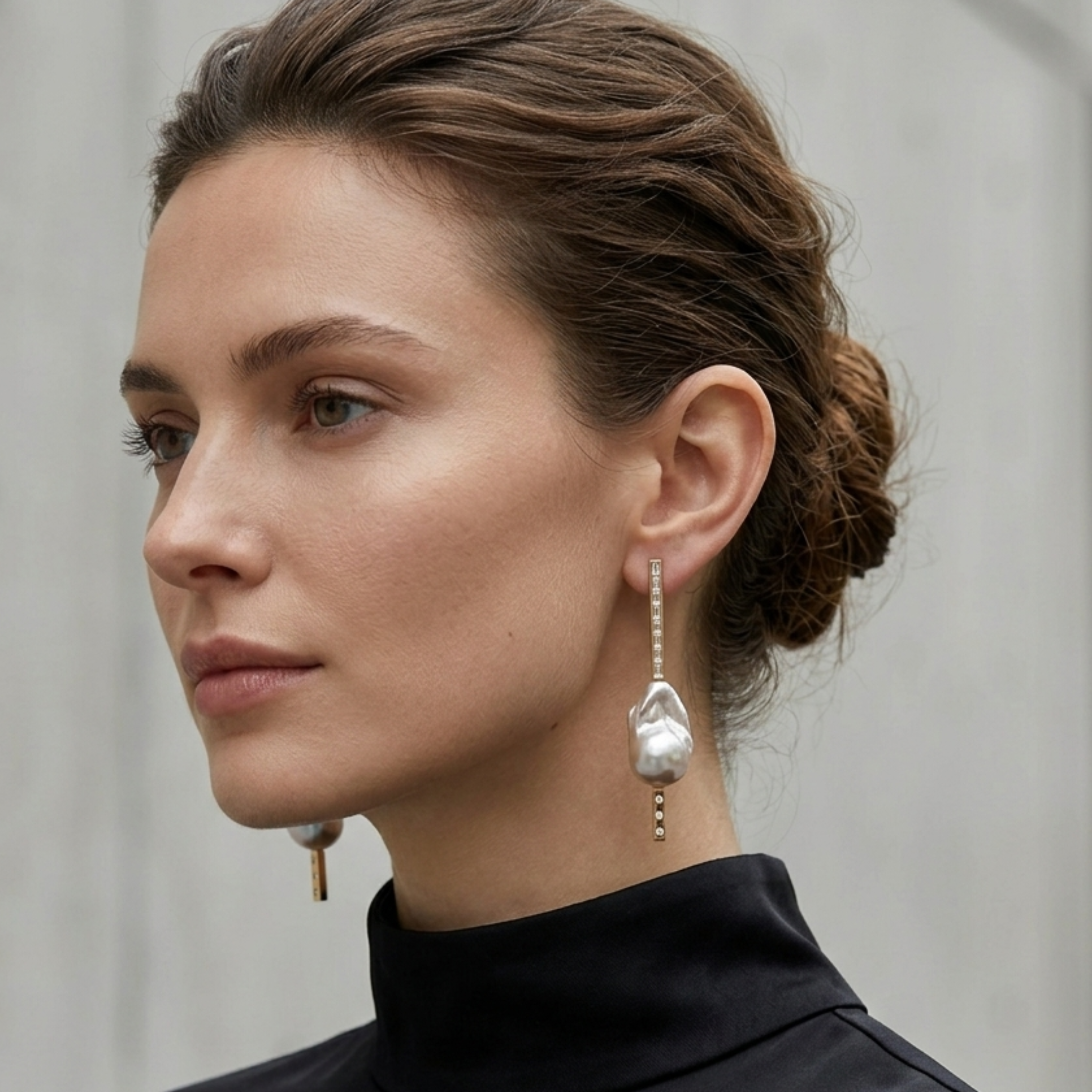 Ti Earrings with South Sea Baroque Pearl, 18K Yellow Gold, Baguette and Ti Diamonds, mismatched,