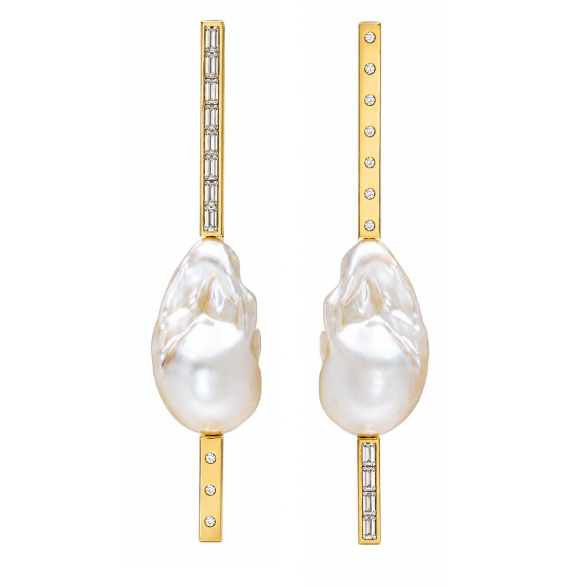 Pair of pearl earrings with gold and diamond accents on a white background