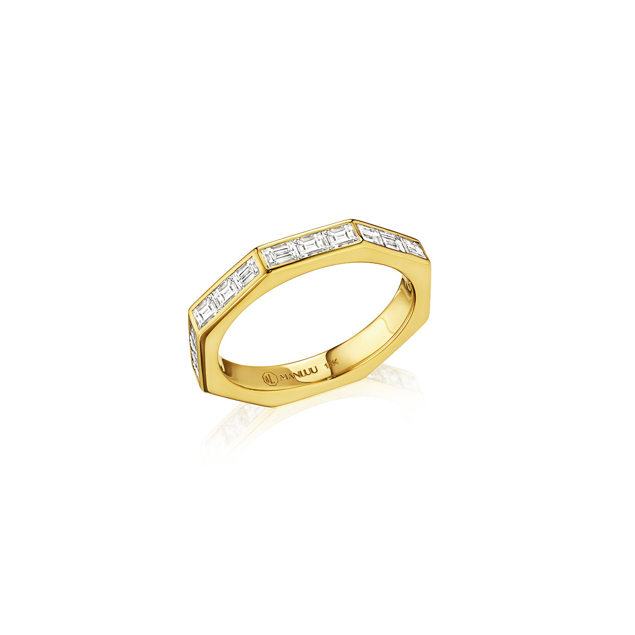 MoAnA LUU Ti eternity band ring in 18K yellow gold, featuring baguette diamonds in an octagonal shape.