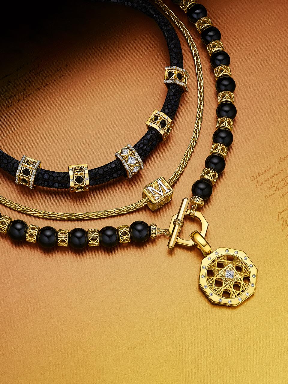 MoAnA LUU fine jewelry necklaces in 18K gold. Abyss choker, Yva beads in onyx, Doudou pendant and Foyal bead necklace inspired by Creole heritage.