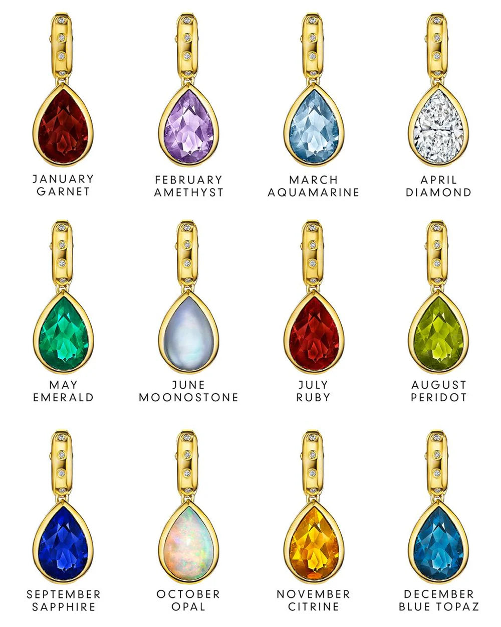 MoAnA LUU Dlo pear-shaped pendant necklace in 18K yellow gold shown in birthstone variations including garnet, amethyst, aquamarine, diamond, emerald, moonstone, ruby, peridot, sapphire, opal, citrine, and blue topaz.