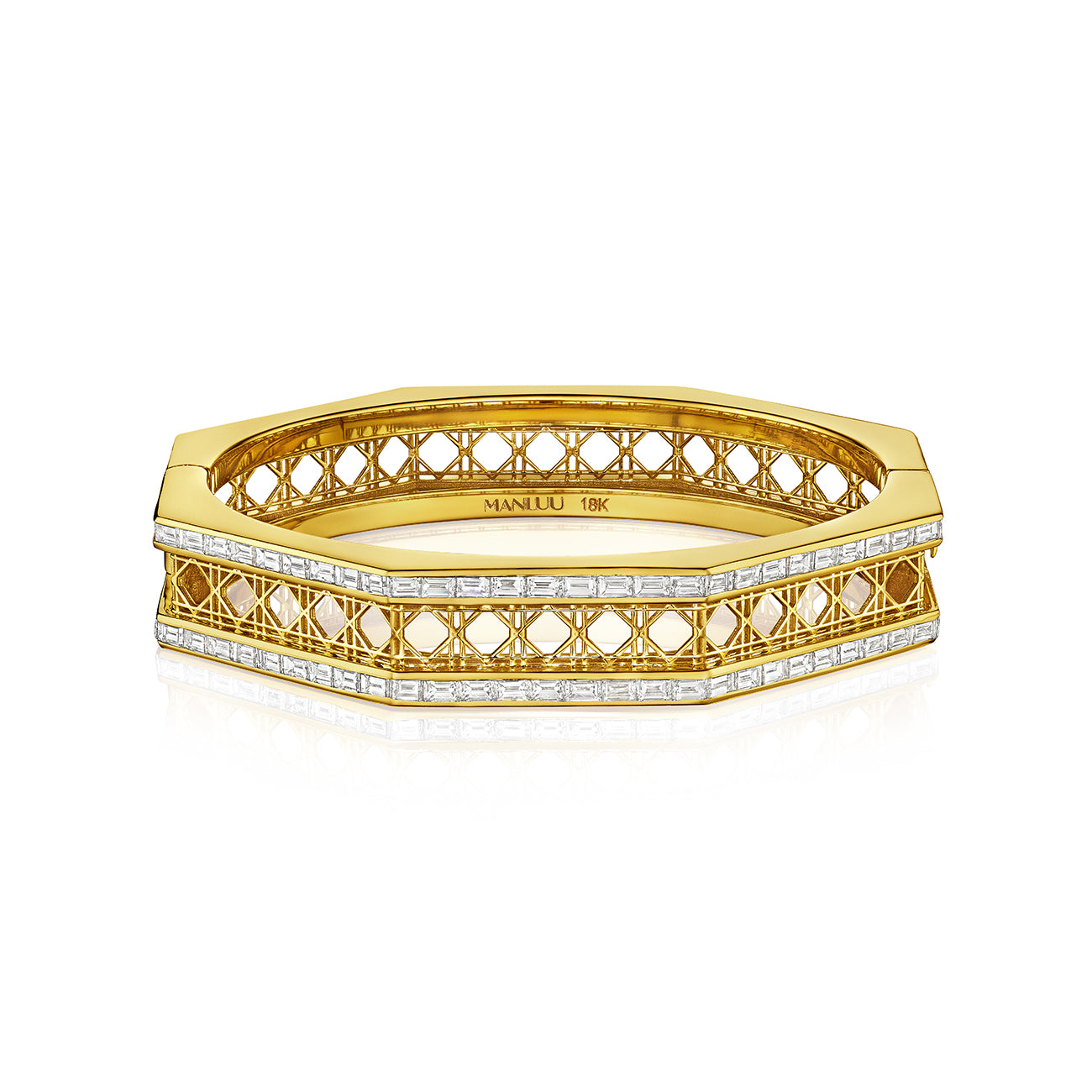MoAnA LUU Doudou bracelet in 18K yellow gold, featuring baguette diamonds in an intricate woven openwork design inspired by Caribbean fish traps.