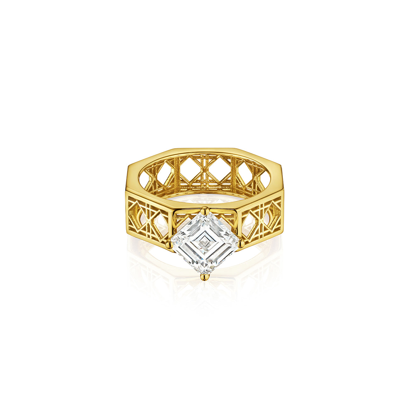 MoAnA LUU Doudou Cheri engagement ring in 18K yellow gold, featuring an intricate woven openwork design inspired by Caribbean fish traps.