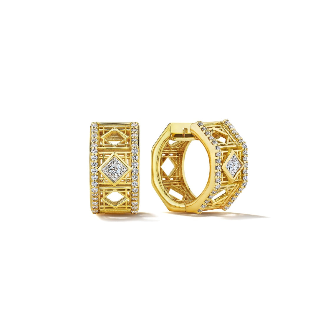 MoAnA LUU Doudou hoop earrings in 18K yellow gold, featuring geometric openwork design inspired by Caribbean fish traps with diamond center and pavé diamond edges.