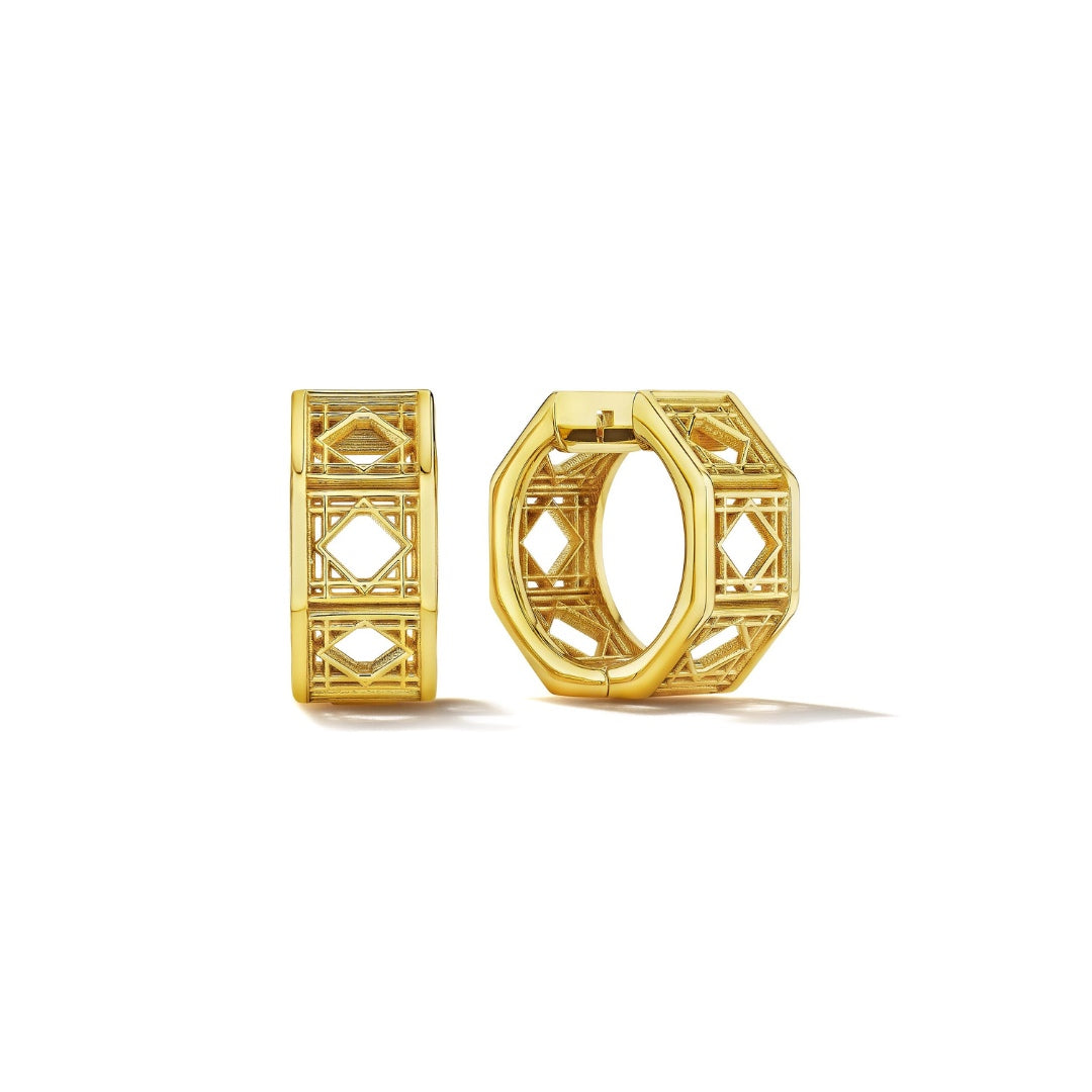MoAnA LUU Doudou hoop earrings in 18K yellow gold, featuring geometric openwork design inspired by Caribbean fish traps.