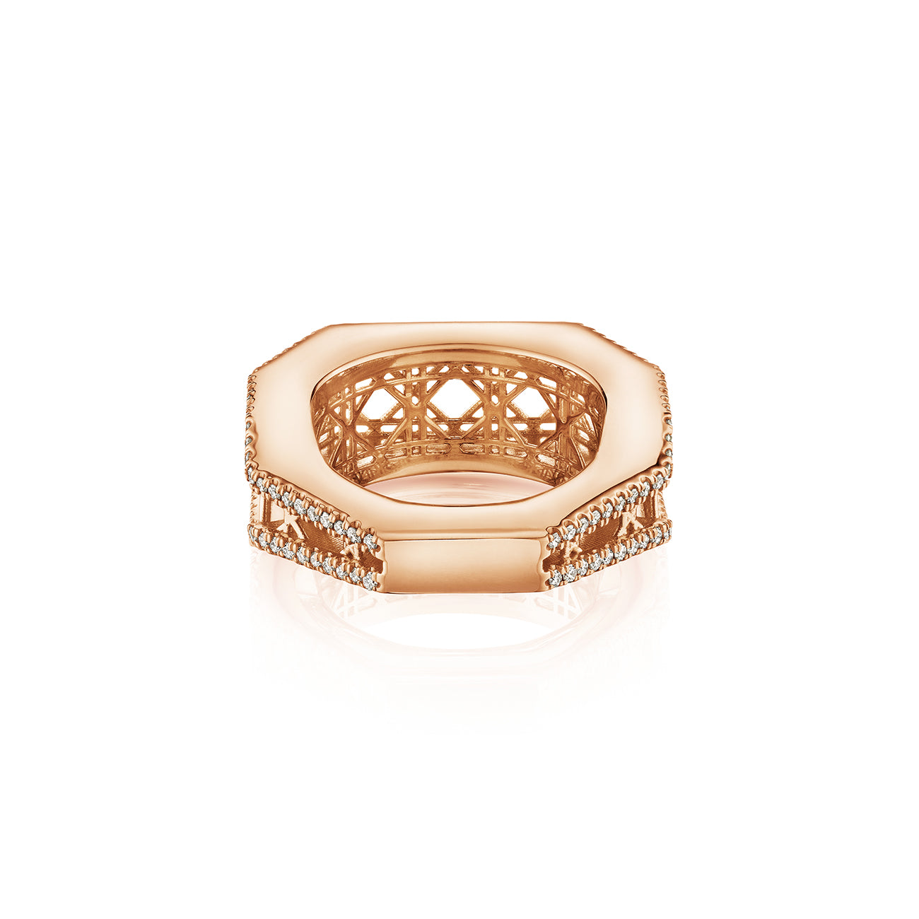 MoAnA LUU Doudou narrow ring in 18K rose gold, featuring pavé diamonds in an intricate woven openwork design inspired by Caribbean fish traps.