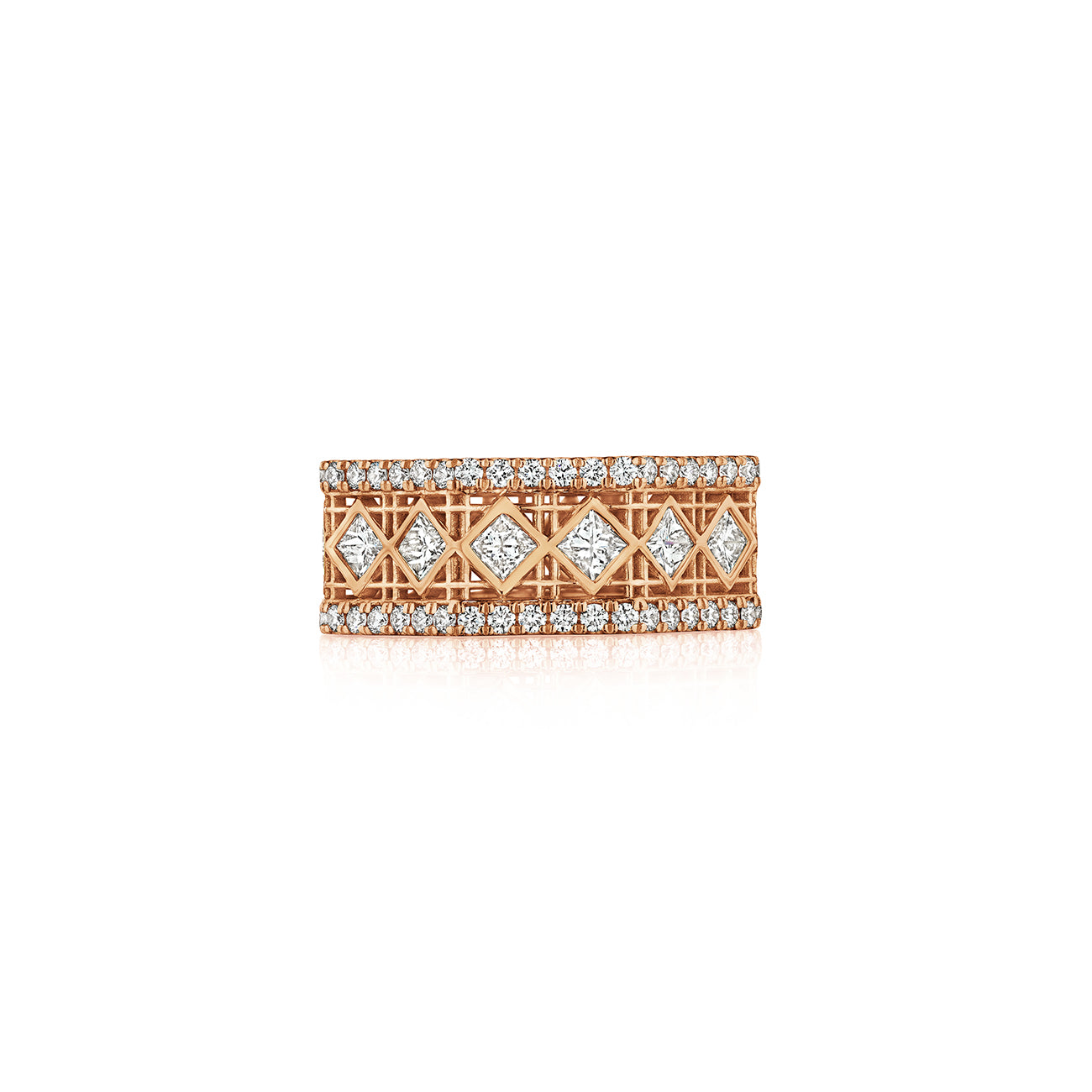 MoAnA LUU Doudou wide band ring in 18K rose gold, featuring pavé and princess-cut diamonds in an intricate woven openwork design inspired by Caribbean fish traps.