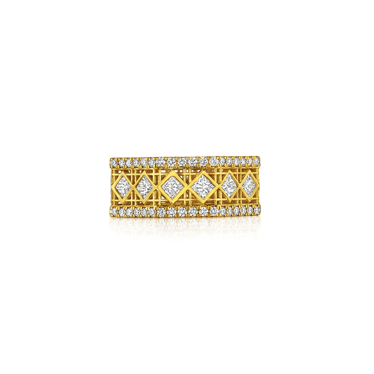 MoAnA LUU Doudou band ring in 18K yellow gold, featuring pavé and princess-cut diamonds in an intricate woven openwork design inspired by Caribbean fish traps.