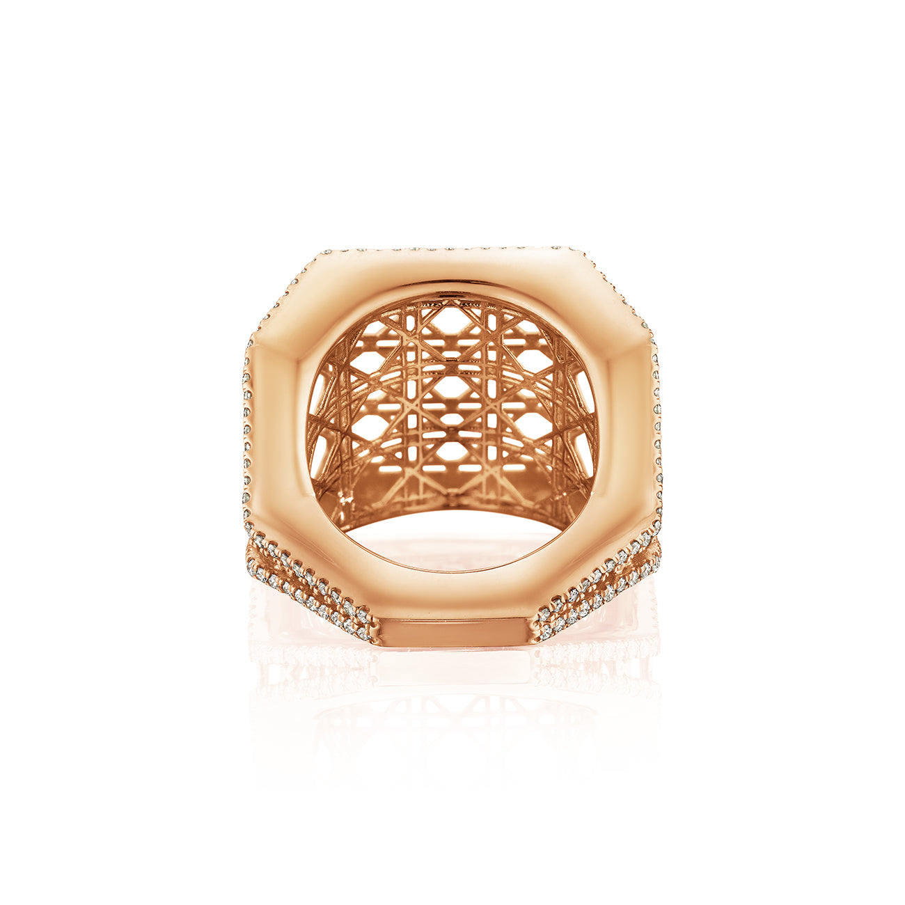 MoAnA LUU Doudou wide ring in 18K rose gold, featuring pavé diamonds in an intricate woven openwork design inspired by Caribbean fish traps.