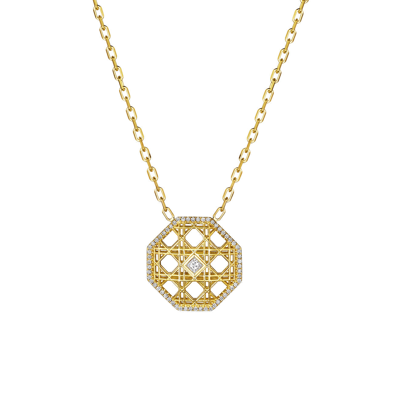 MoAnA LUU Doudou pendant necklace in 18K yellow gold, featuring an octagonal geometric openwork design with central diamond and pavé diamond border inspired by Caribbean fish traps.