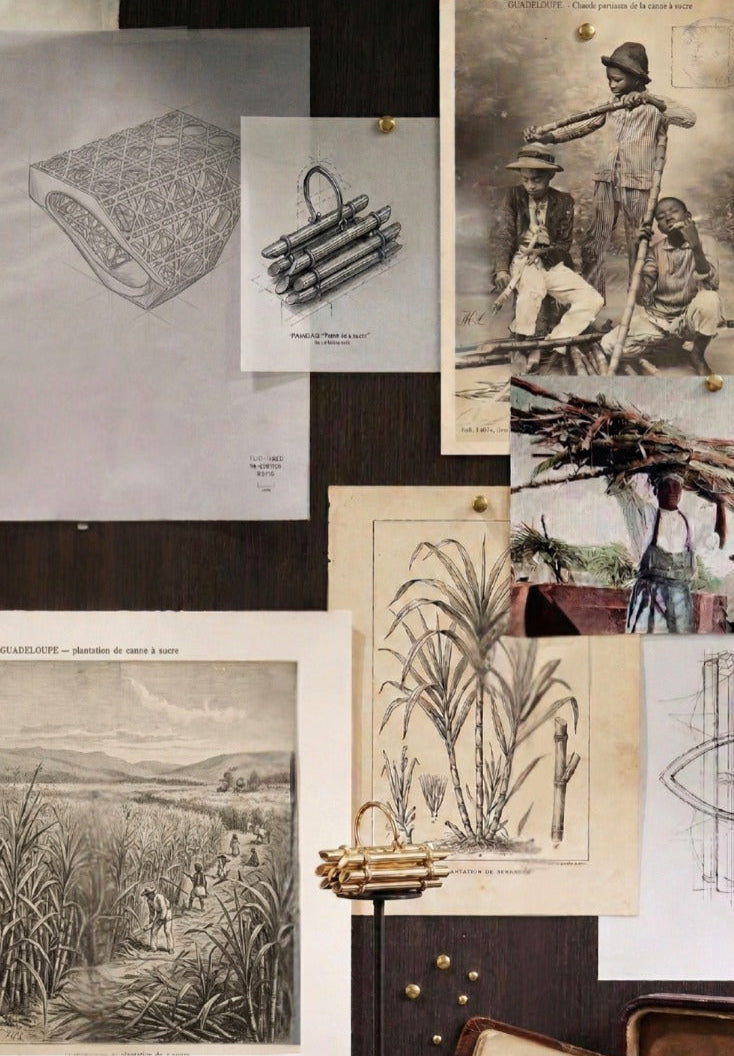 Moodboard for MoAnA LUU Fago Kann collection featuring archival images of sugar cane harvesting in the Caribbean, botanical illustrations, historical photographs, and design sketches alongside a gold cane-inspired jewelry prototype.