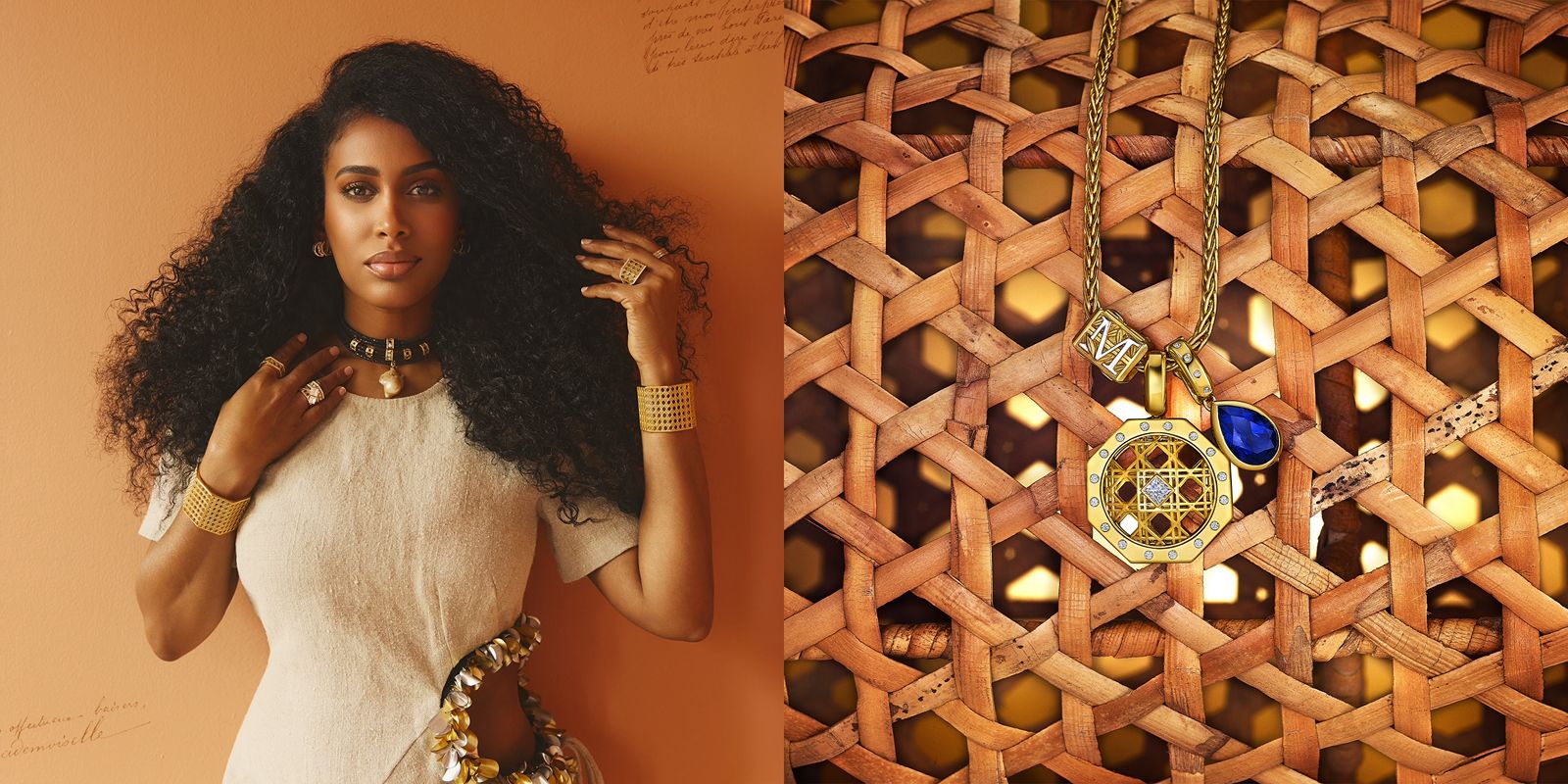 MoAnA LUU wearing MoAnA Luu jewelry and pendants on a chain with cane background.