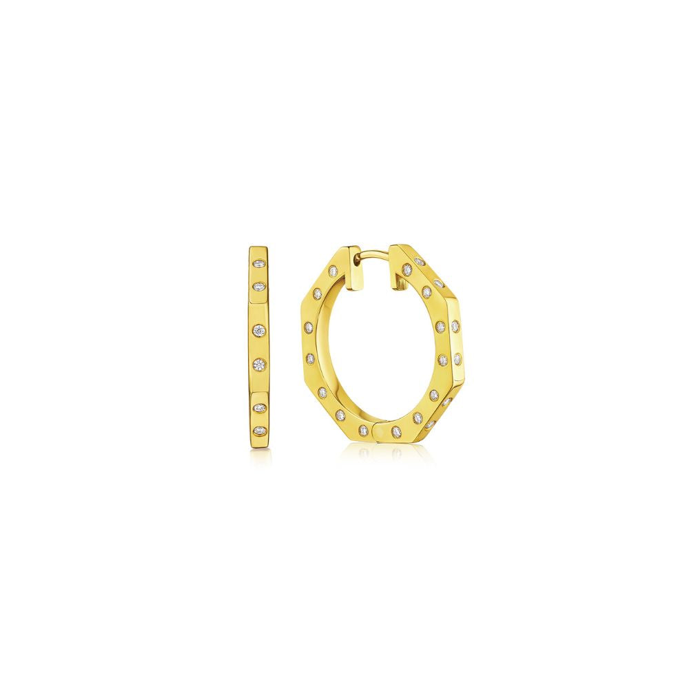 MoAnA LUU Ti hoop earrings in gold with diamond accents, featuring octogonal design.