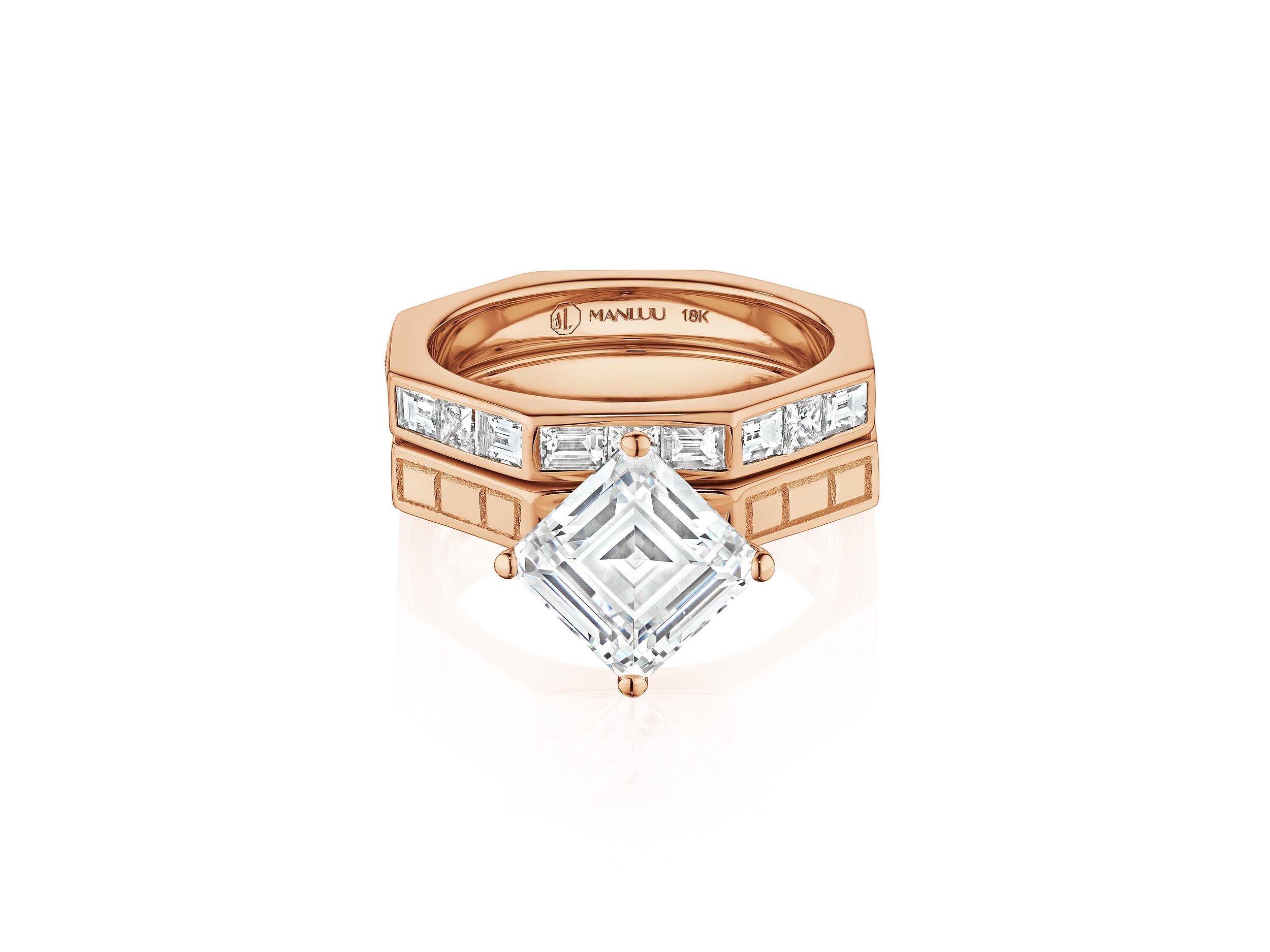 MoAnA LUU Ti eternity band ring featuring baguette diamonds and solitaire engagement ring in 18K rose gold, in an octagonal shape.