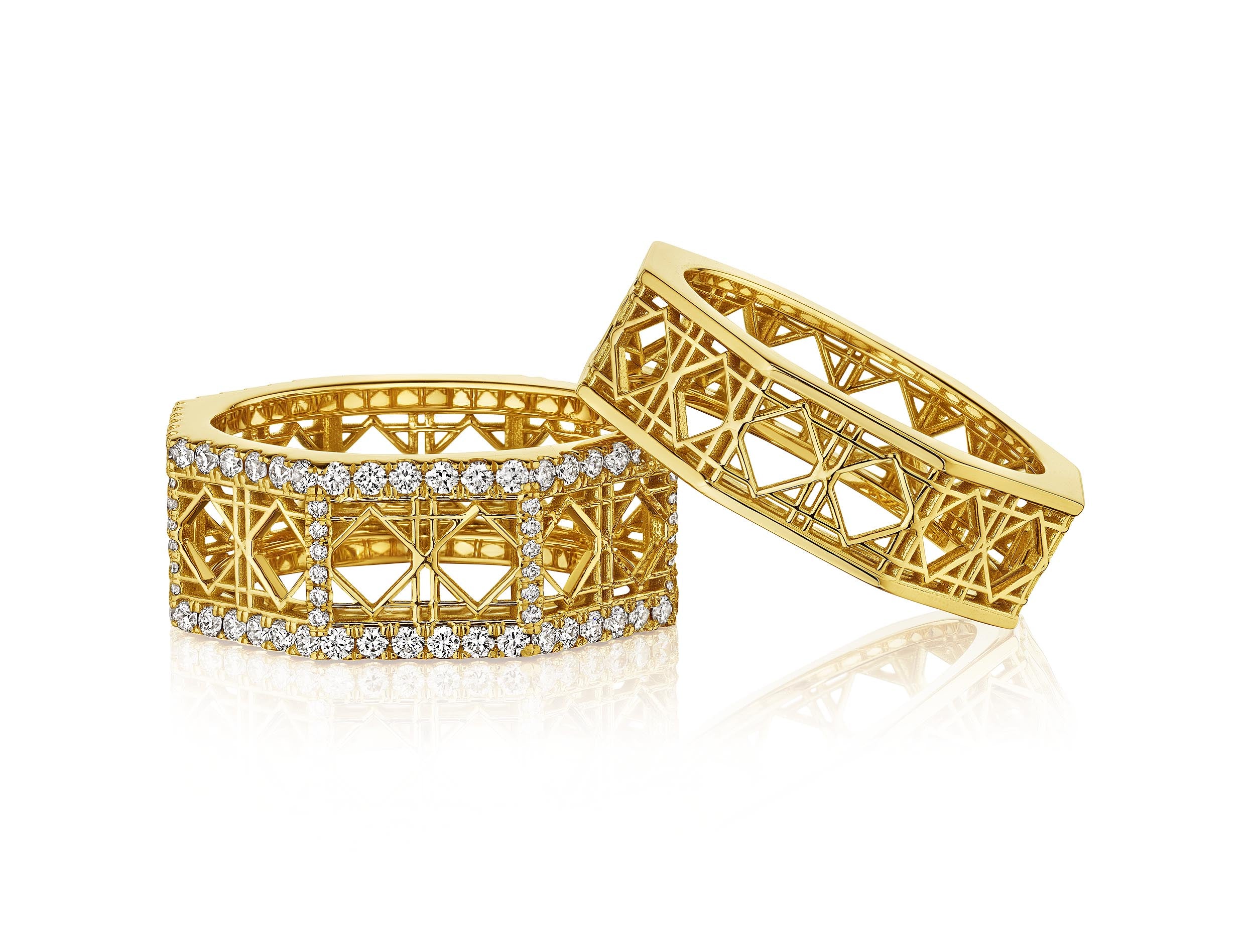 MoAnA LUU Doudourings in 18K yellow gold and diamonds , featuring geometric woven openwork design inspired by Caribbean fish traps.