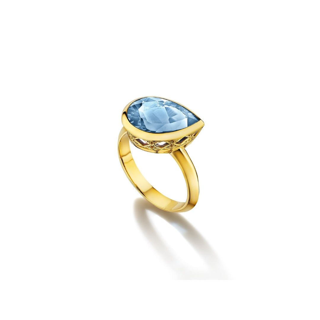Dlo Pear Shape Pinky Ring, 18K Yellow Gold and Aquamarine
