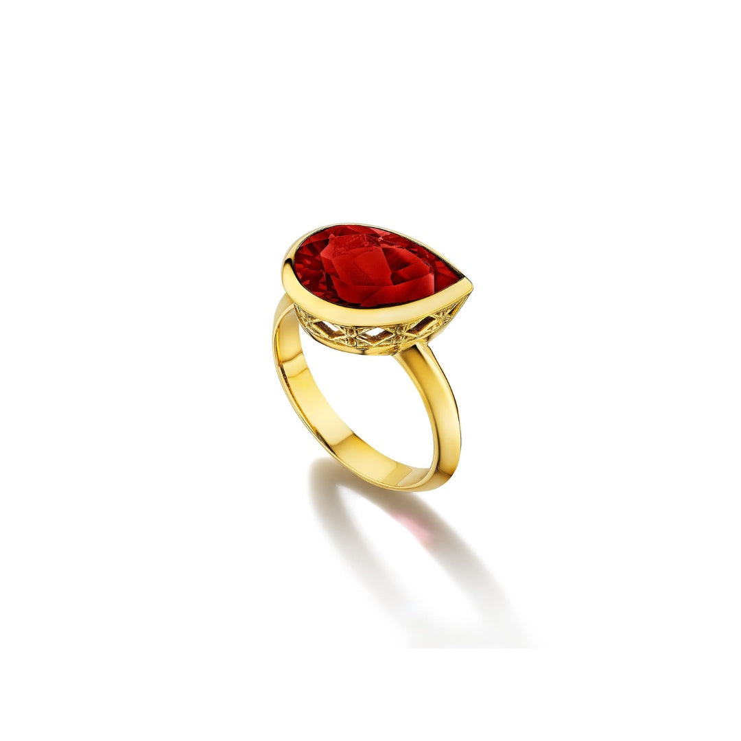 Dlo Pear Shape Pinky Ring, 18K Yellow Gold and Ruby