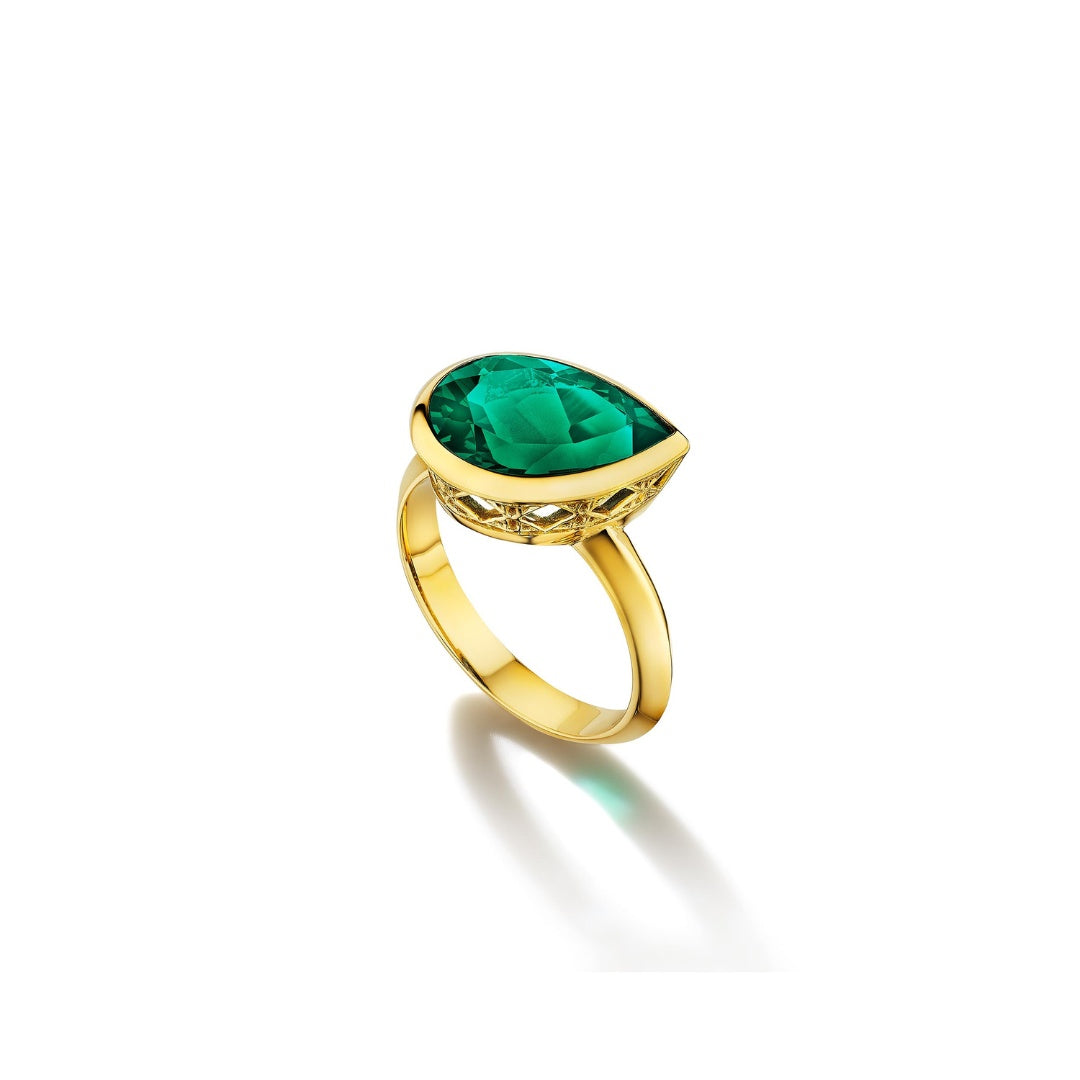 Dlo Pear Shape Pinky Ring, 18K Yellow Gold and Emerald