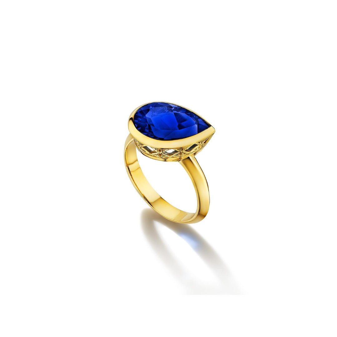 Dlo Pear Shape Pinky Ring, 18K Yellow Gold and Blue Sapphire