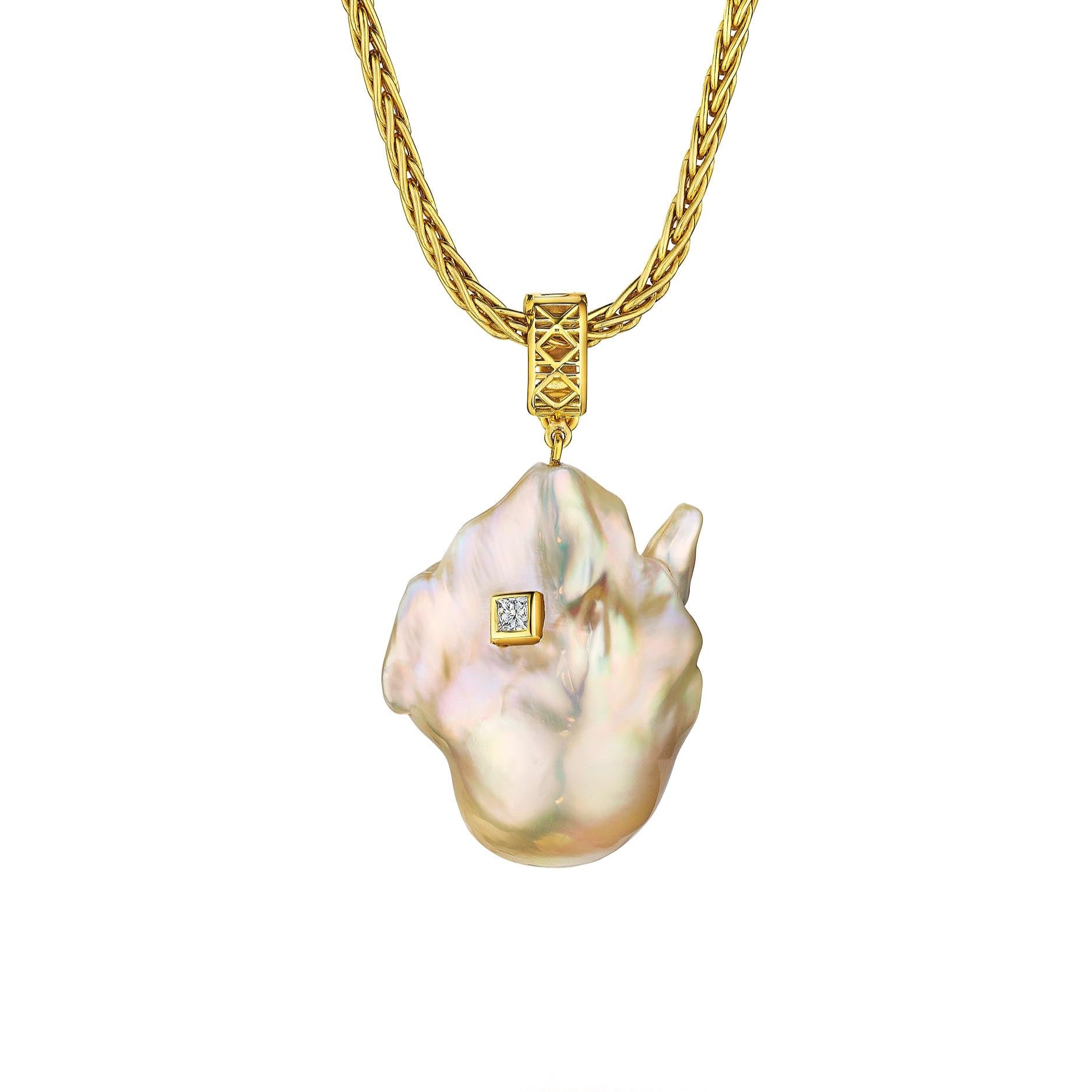 DouDou South Sea Baroque Pearl Amulet, 18K Yellow Gold and Princess Cut Diamond / One-of-a-kind