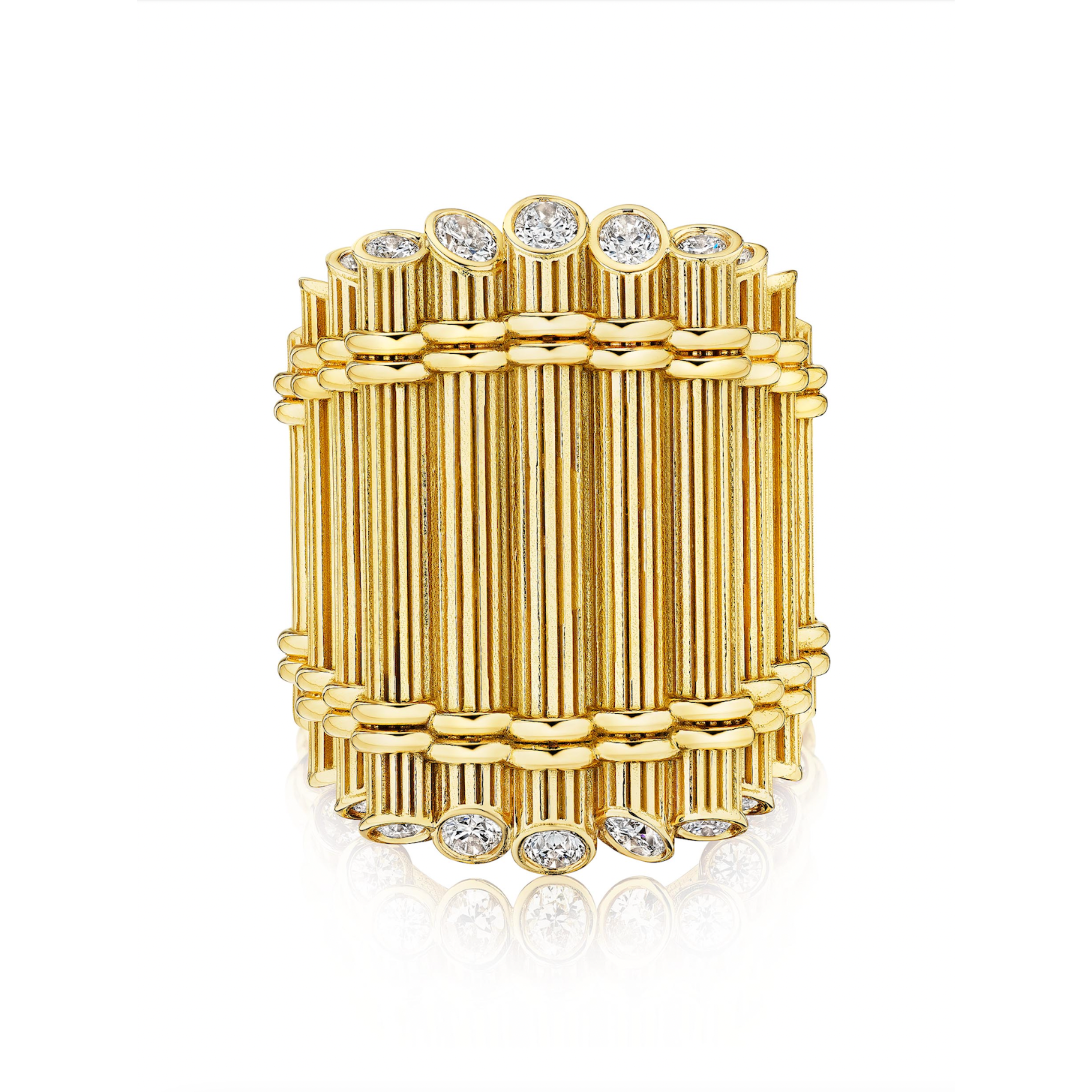 MoAnA LUU Eritaj Archive No.1 Fago Kann ring in 18K gold and diamonds, a sculptural interpretation of bundled cane forms rooted in Creole heritage.
