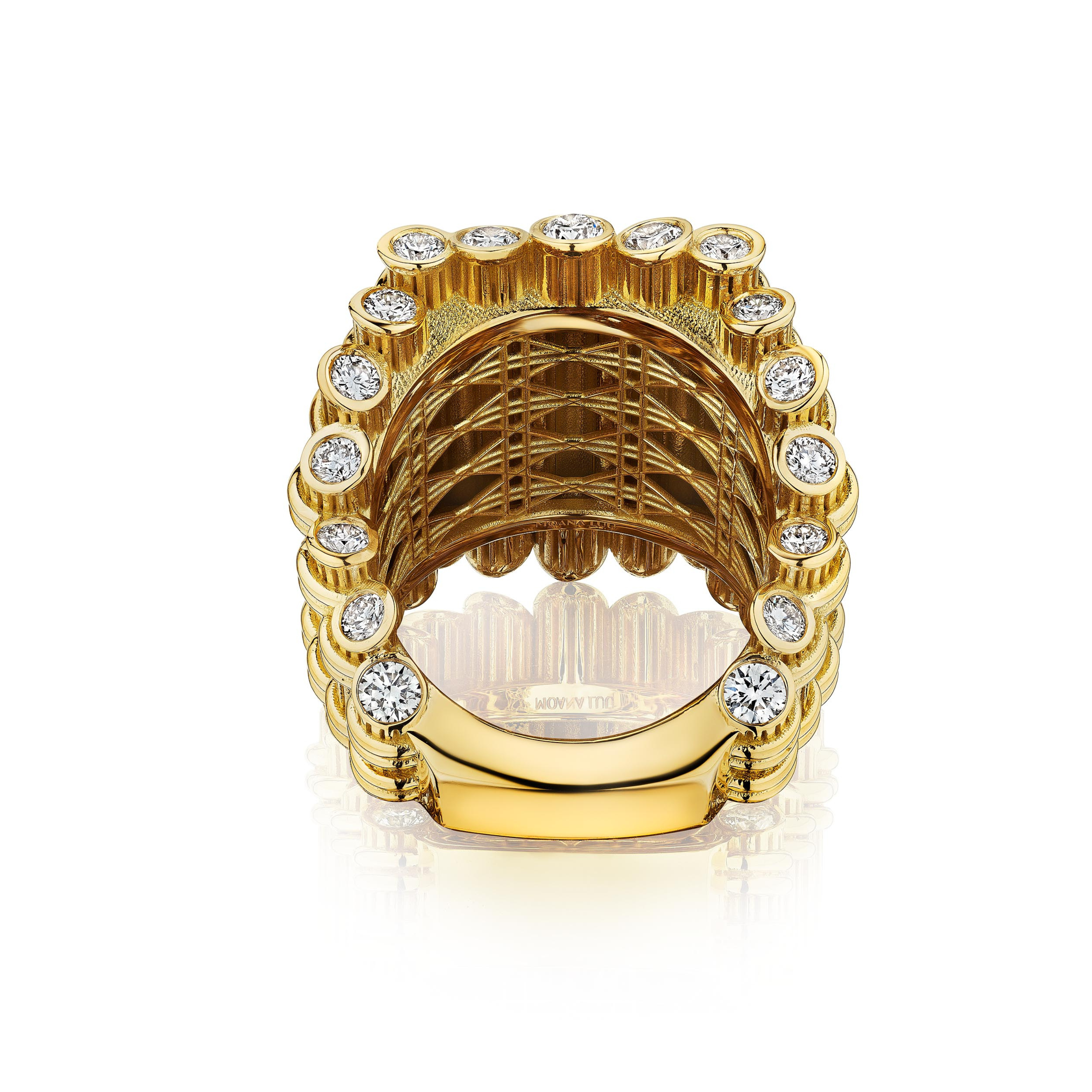 MoAnA LUU Eritaj Archive No.1 Fago Kann ring in 18K gold and diamonds, a sculptural interpretation of bundled cane forms rooted in Creole heritage.