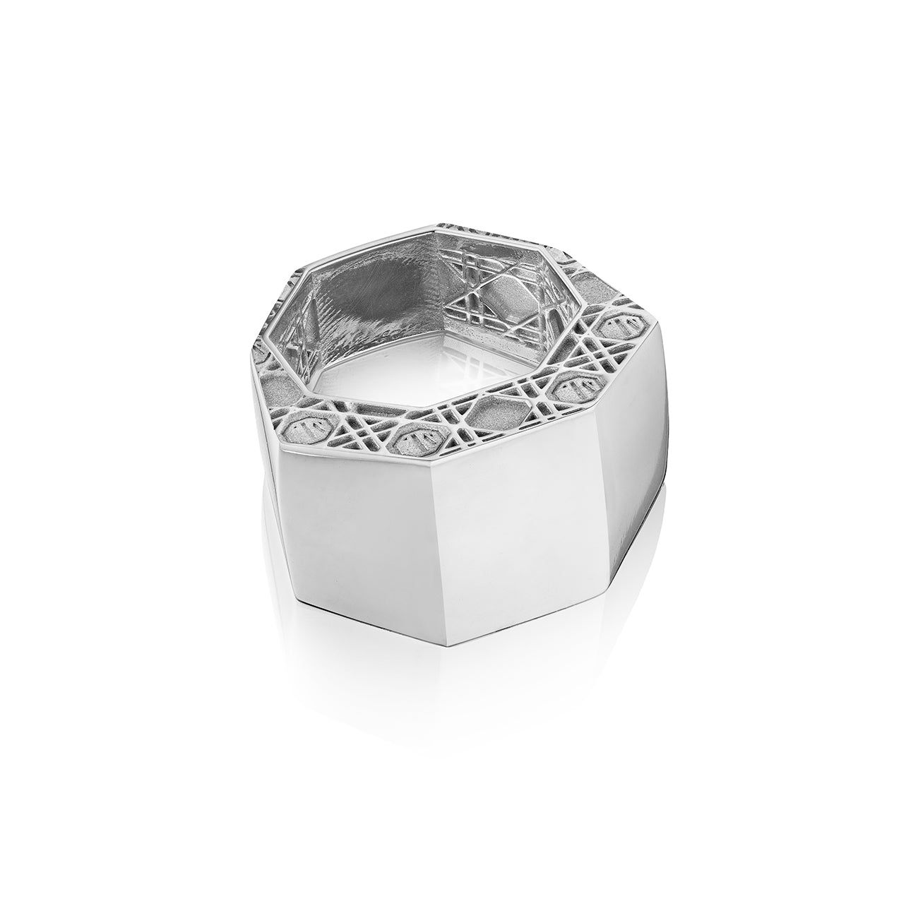 MoAnA LUU ML statement embossed octogonal ring in silver, made in New York City. 