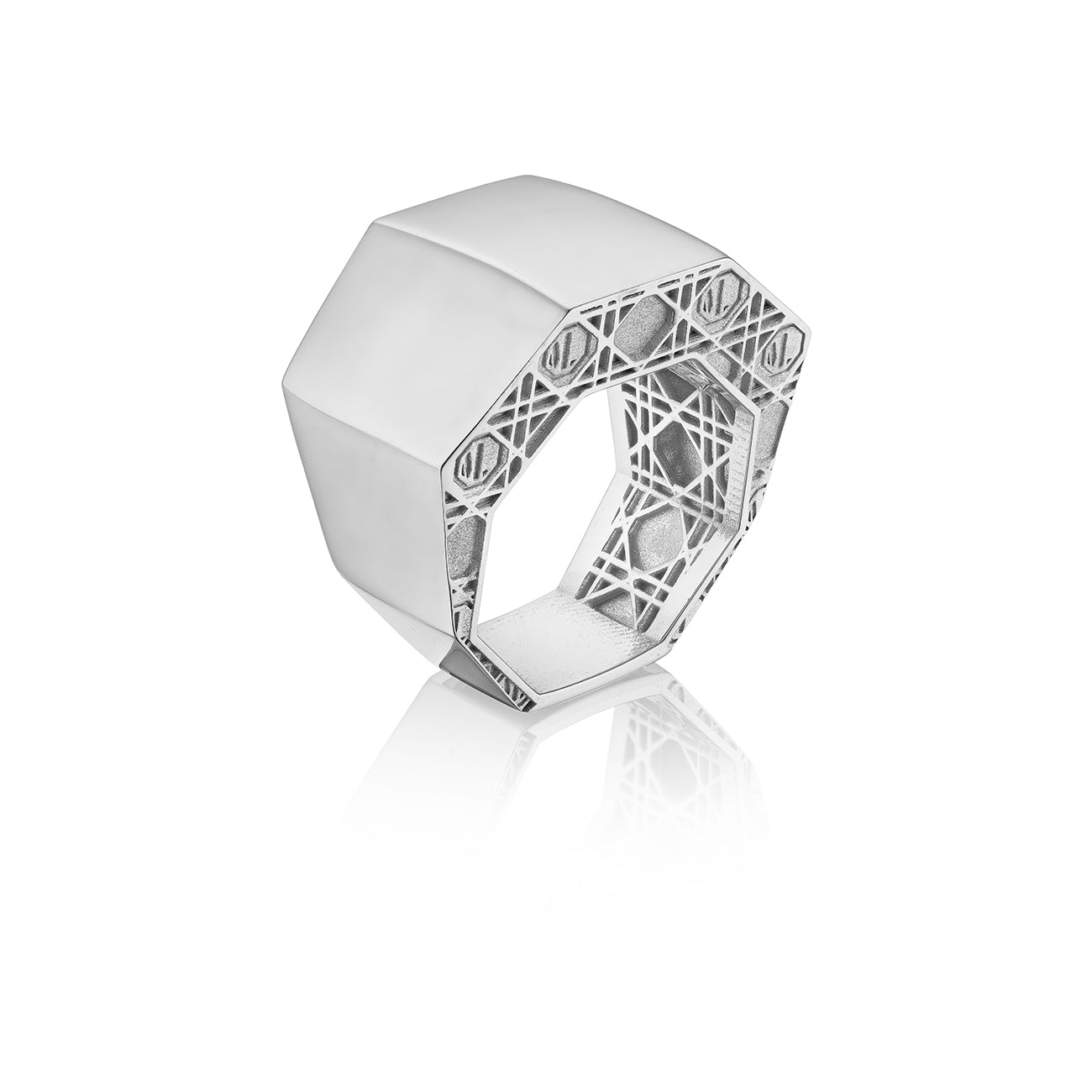 MoAnA LUU ML statement embossed octogonal ring in silver, made in New York City. 