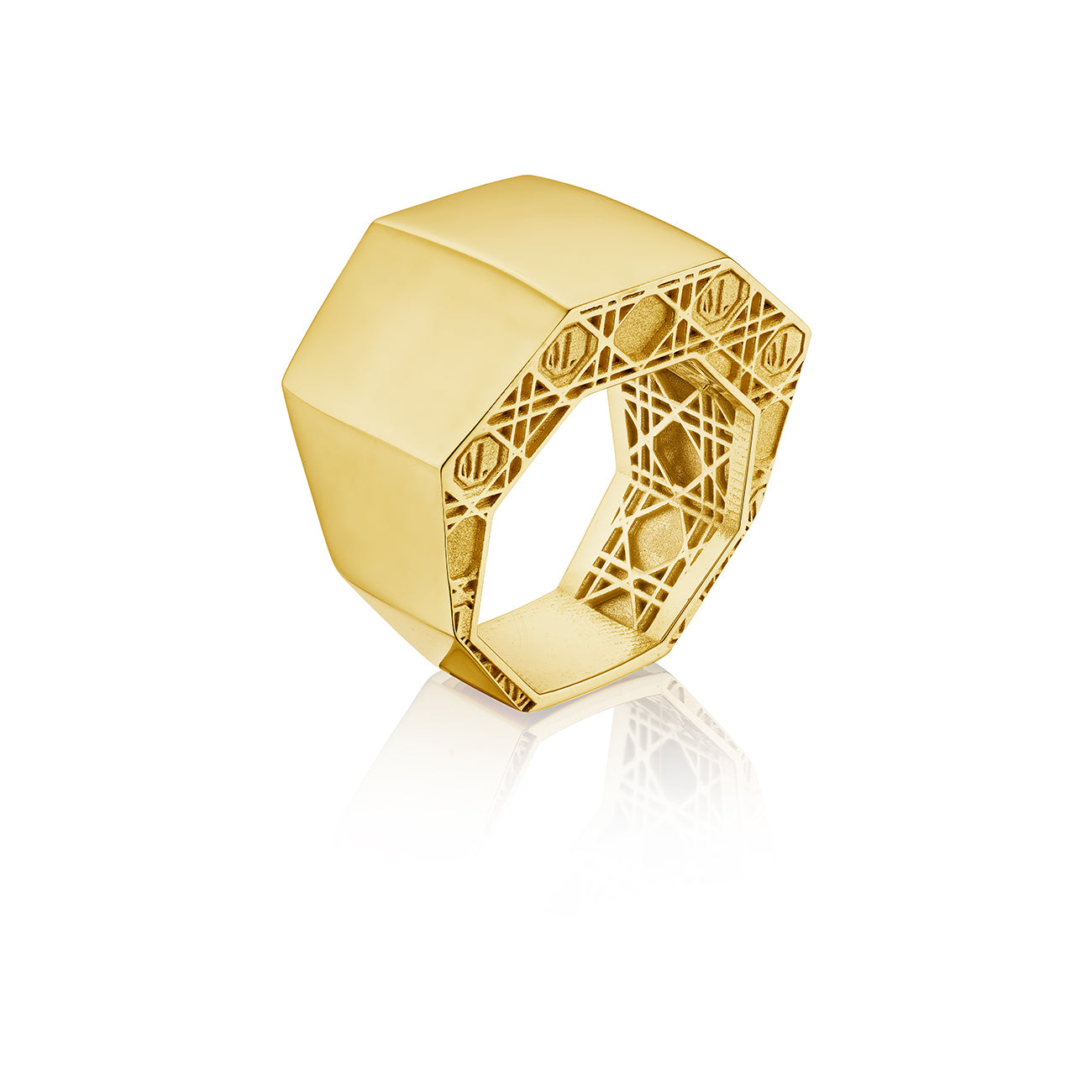 MoAnA LUU ML statement embossed octogonal ring in vermeil made in New York City. 