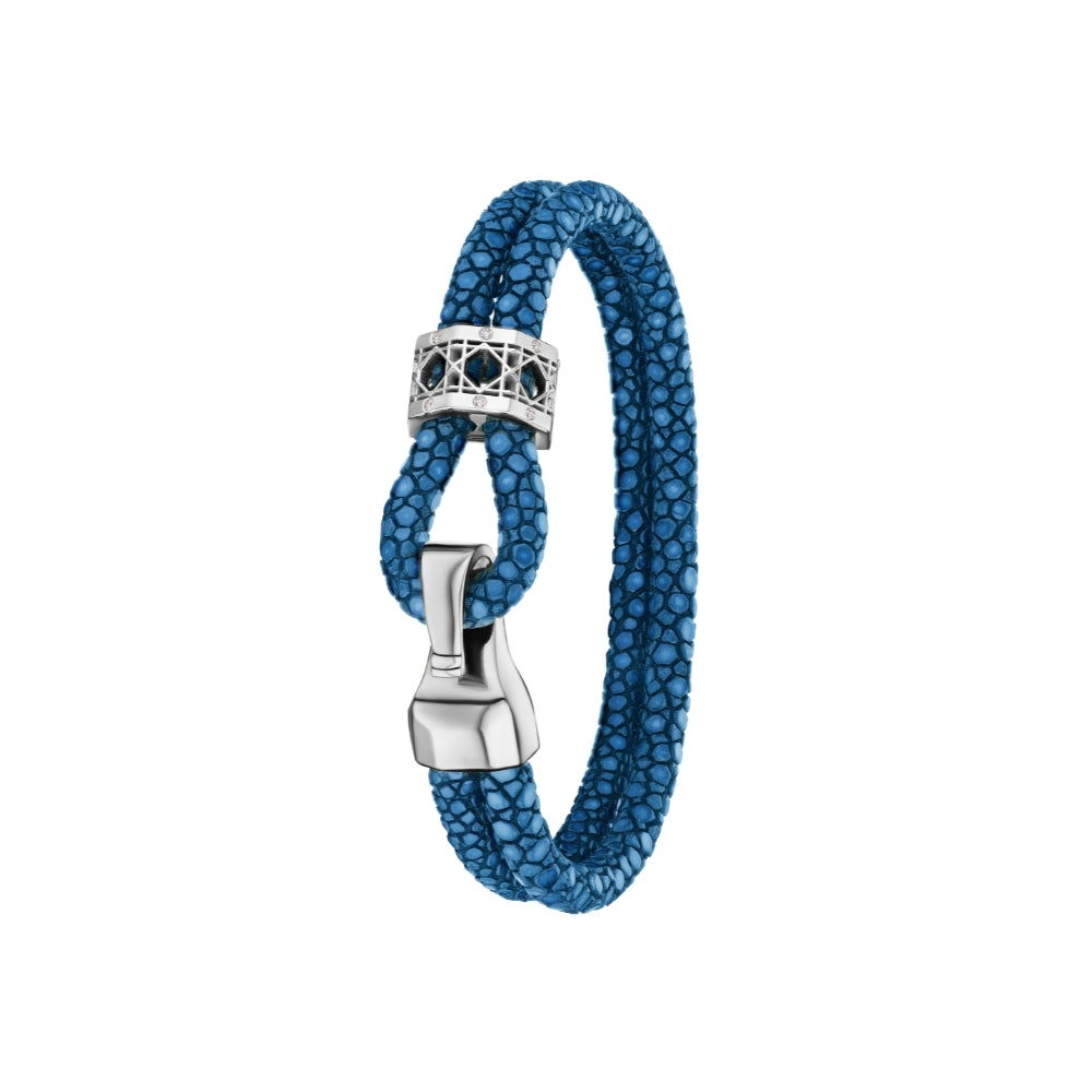 MoAnA LUU Abyss bracelet in stingray leather and 18K white gold, featuring a cane-woven bead inspired by traditional Caribbean fish traps, reflecting the house’s vision of Creole-inspired fine jewelry crafted in New York.