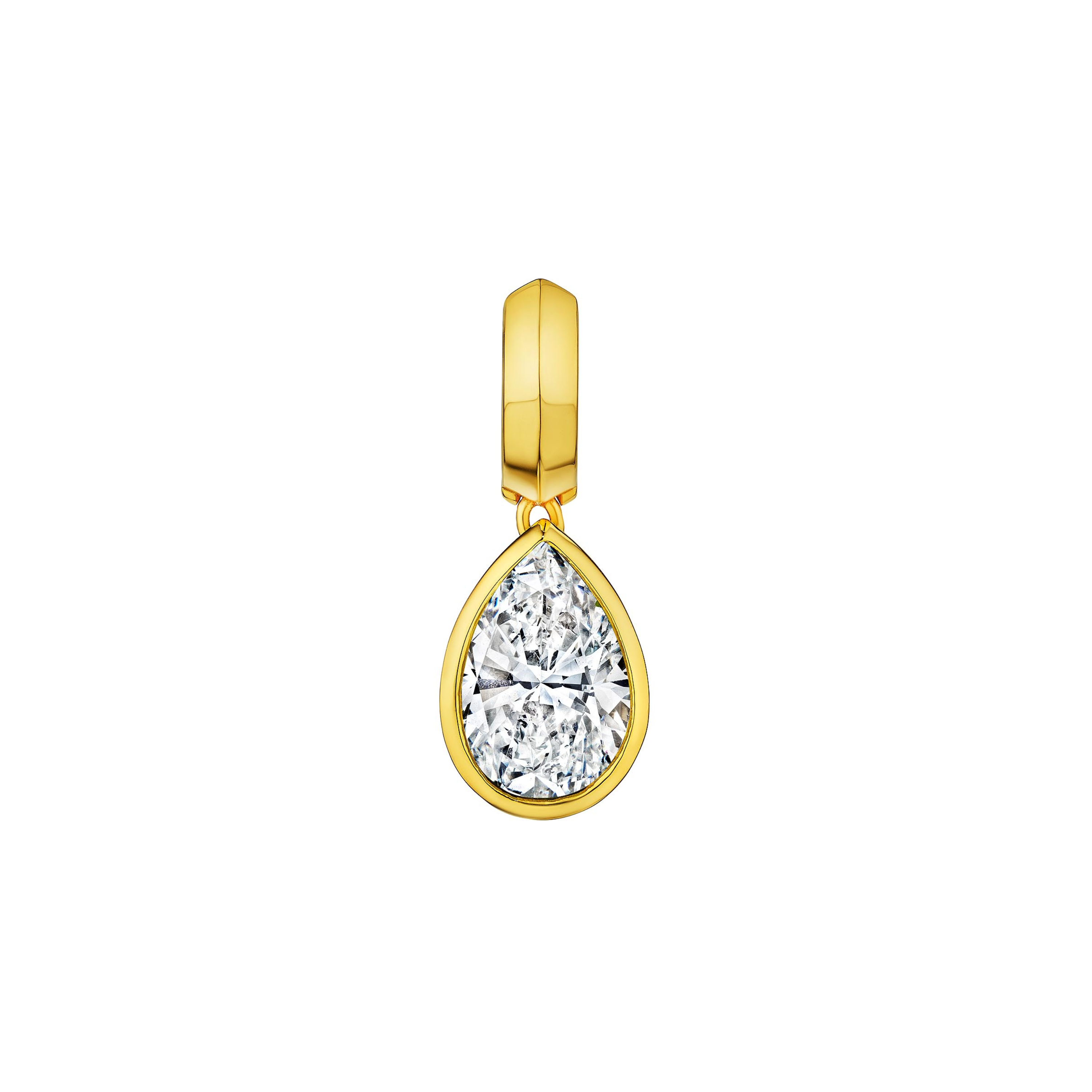 MoAnA LUU Dlo pear-shaped diamond earring in 18K yellow gold, featuring a cane-woven frame inspired by traditional Caribbean fish traps, reflecting the house’s vision of Creole-inspired fine jewelry crafted in New York.